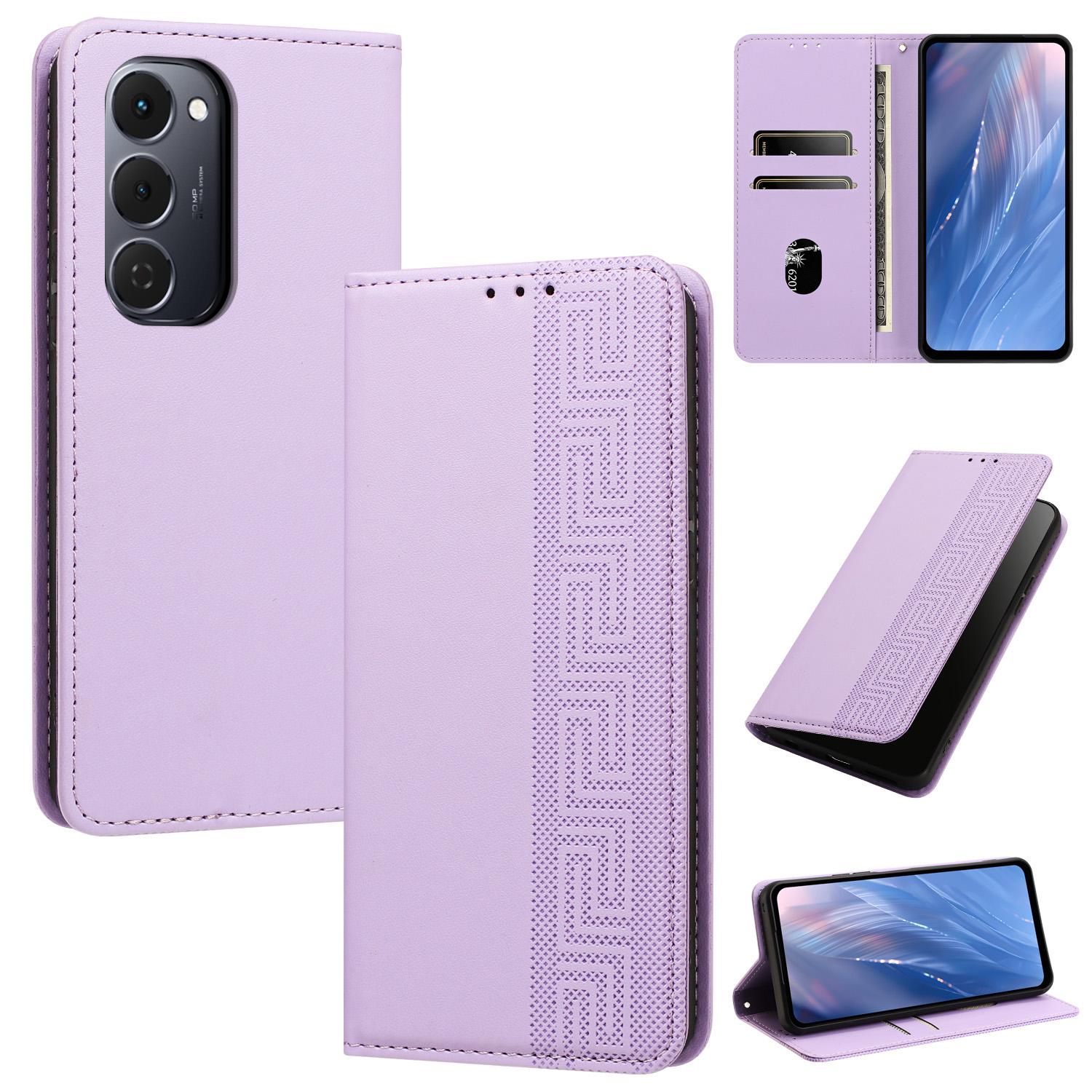 For Tecno Spark 40 Pro+ 4G Embossed Meander Pattern RFID Vegan Leather Phone Case(Light Purple) - Shopkiz.com