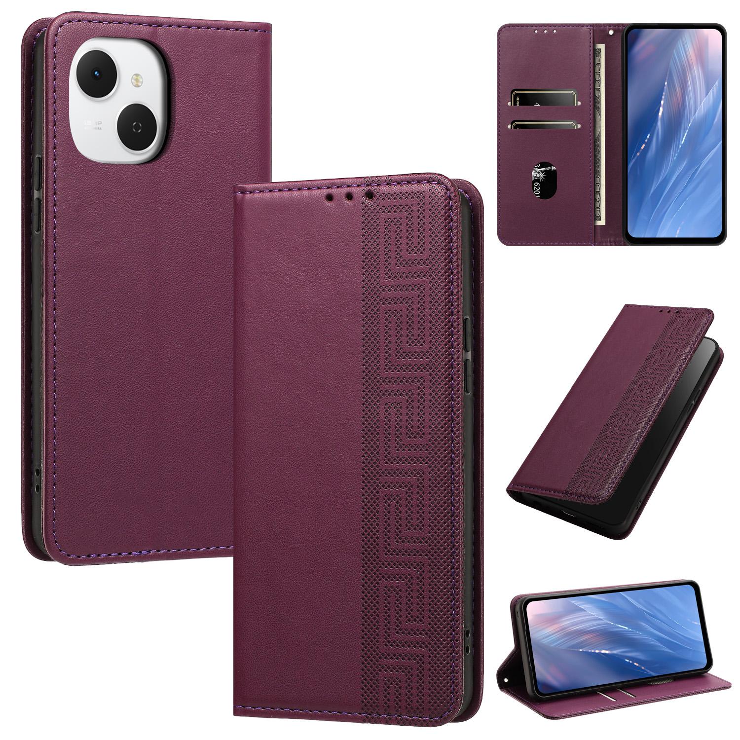 For Tecno Spark 40C Embossed Meander Pattern RFID Vegan Leather Phone Case(Dark Purple) - Shopkiz.com