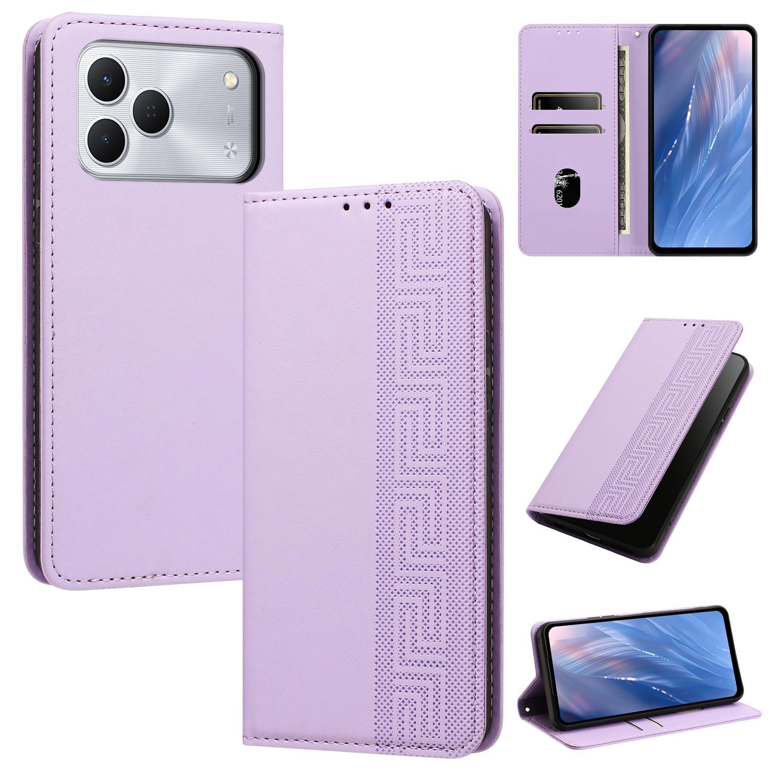 For Tecno Spark 50 4G Embossed Meander Pattern RFID Vegan Leather Phone Case(Light Purple) - Shopkiz.com