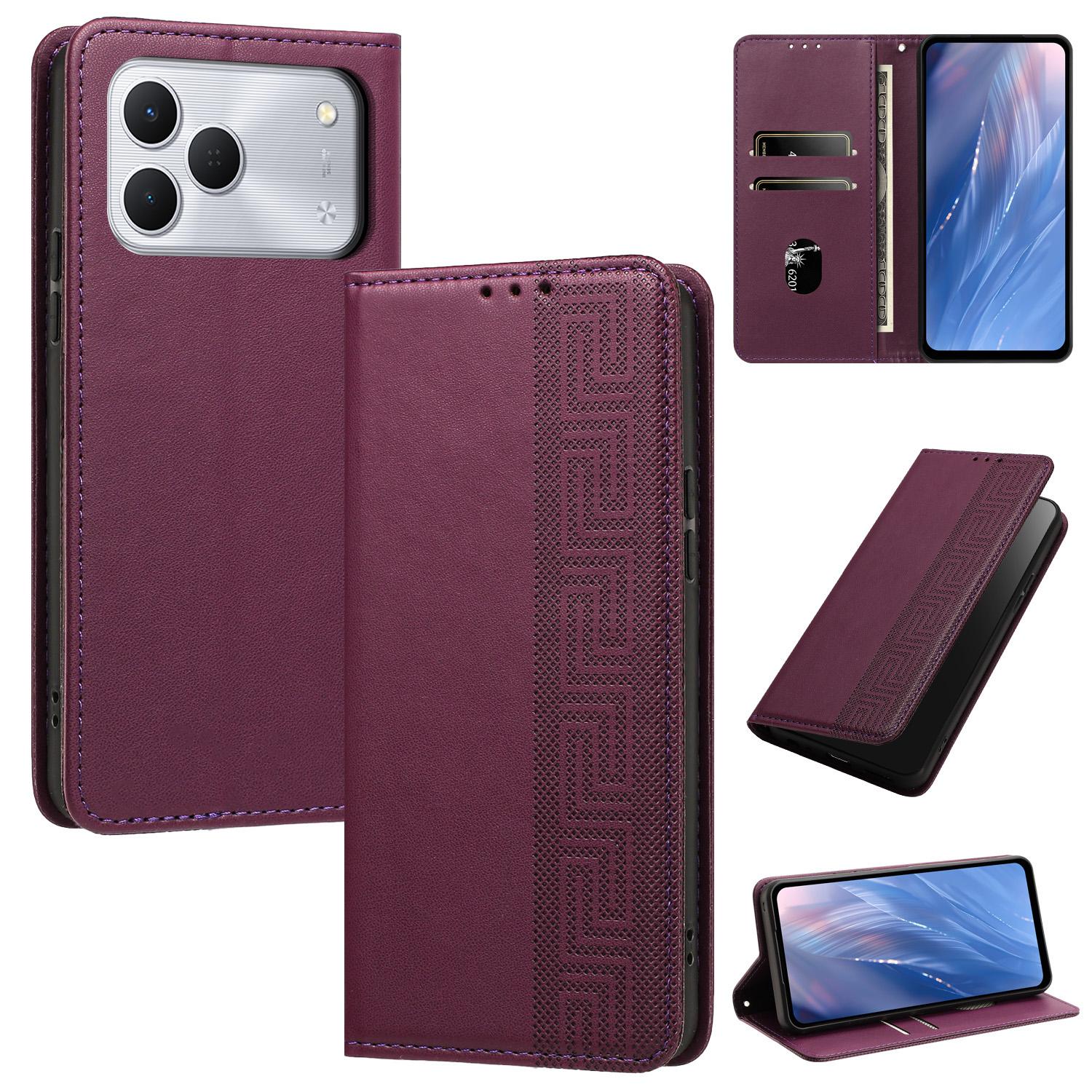 For Tecno Spark 50 4G Embossed Meander Pattern RFID Vegan Leather Phone Case(Dark Purple) - Shopkiz.com