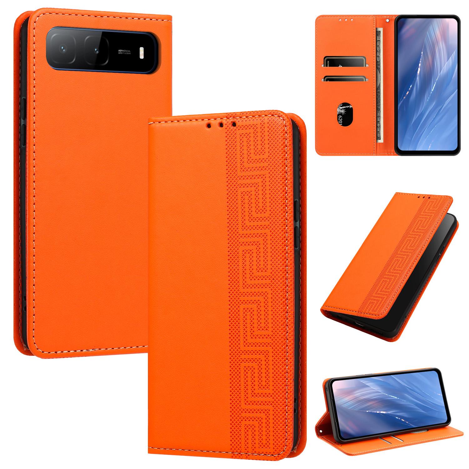 For Tecno Spark Go 2025 / Spark 40 5G Embossed Meander Pattern RFID Vegan Leather Phone Case(Orange) - Shopkiz.com