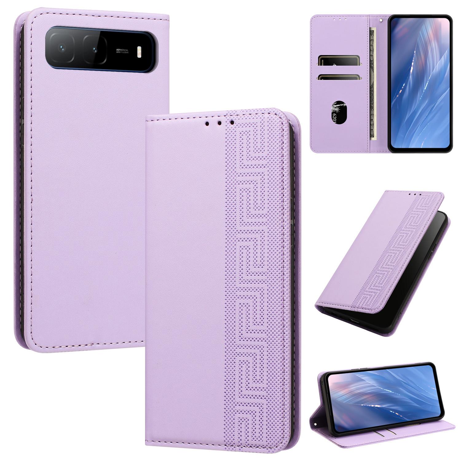 For Tecno Spark Go 2025 / Spark 40 5G Embossed Meander Pattern RFID Vegan Leather Phone Case(Light Purple) - Shopkiz.com