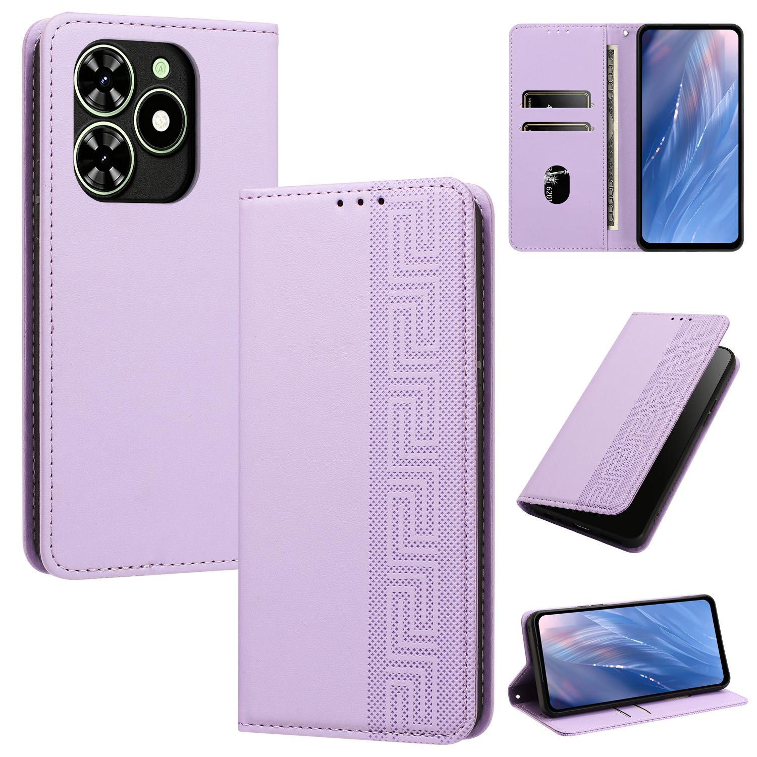 For Tecno Spark Go 2024 / Spark 20 4G Embossed Meander Pattern RFID Vegan Leather Phone Case(Light Purple) - Shopkiz.com