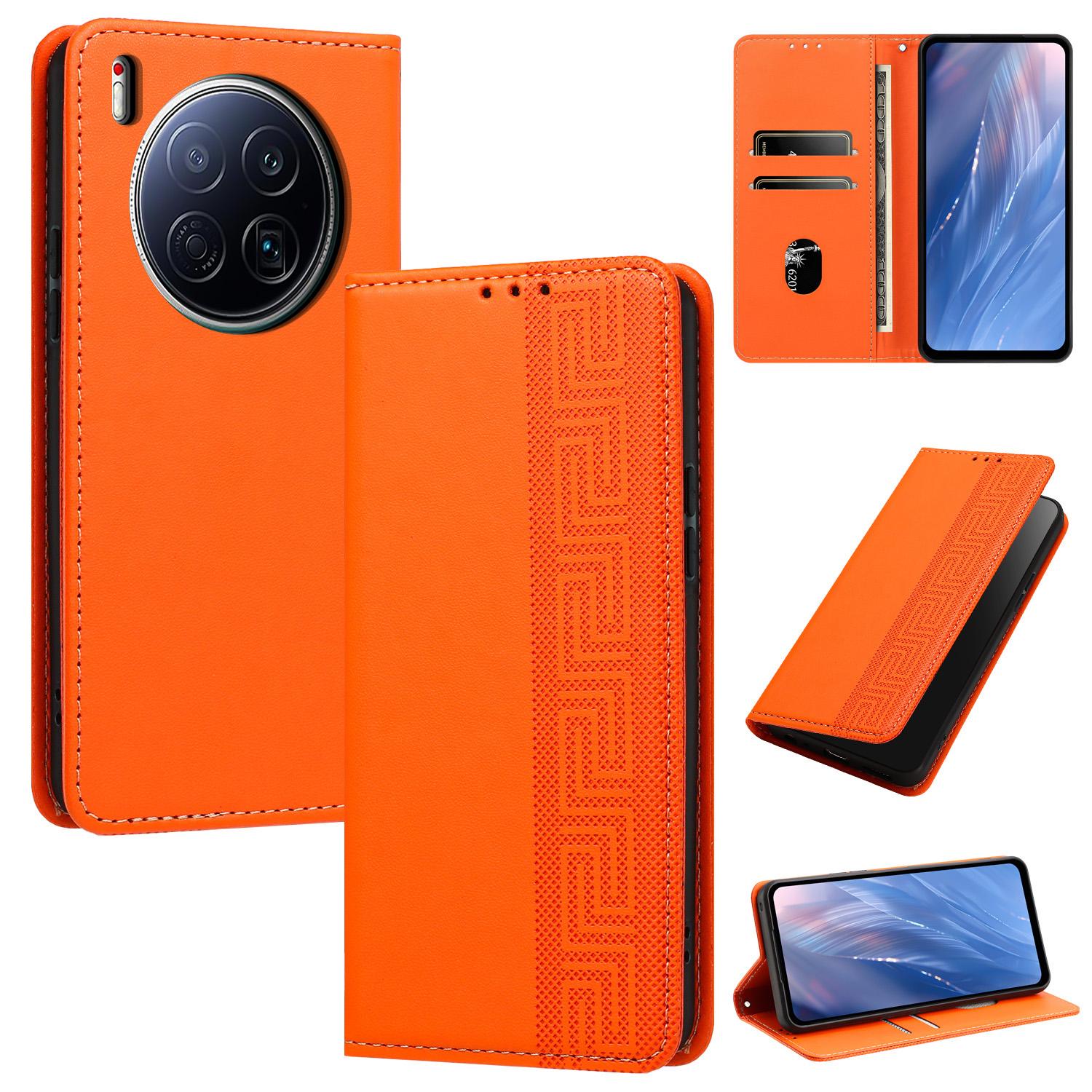For Tecno Camon 40 Premier 5G Embossed Meander Pattern RFID Vegan Leather Phone Case(Orange) - Shopkiz.com