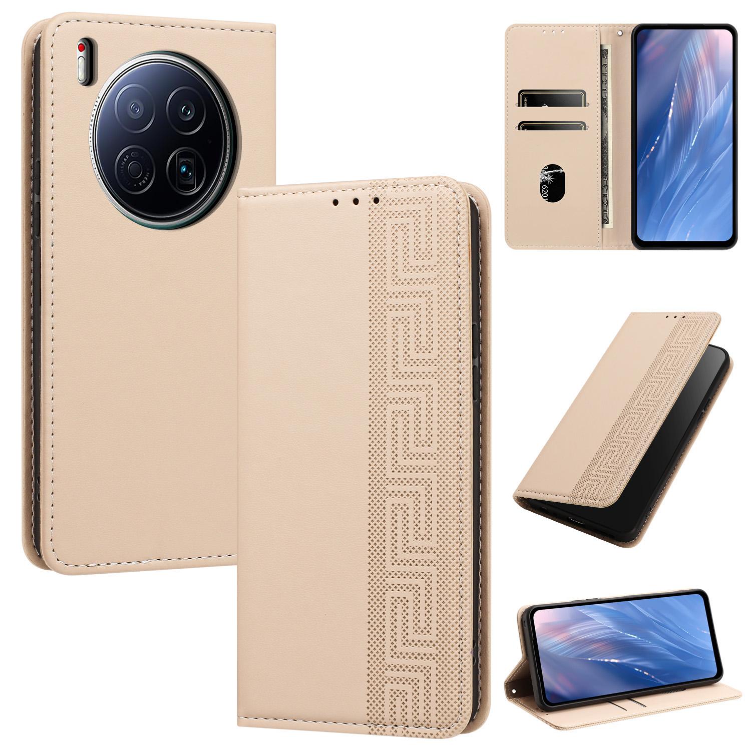 For Tecno Camon 40 Premier 5G Embossed Meander Pattern RFID Vegan Leather Phone Case(Beige) - Shopkiz.com