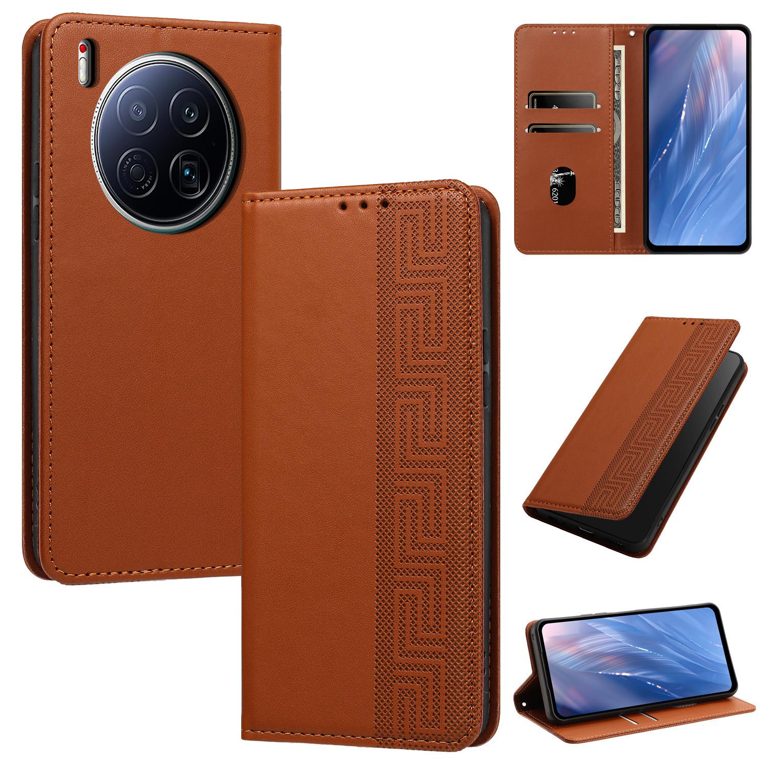 For Tecno Camon 40 Premier 5G Embossed Meander Pattern RFID Vegan Leather Phone Case(Brown) - Shopkiz.com