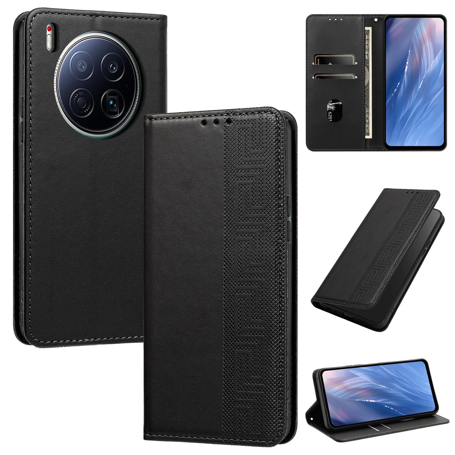 For Tecno Camon 40 Premier 5G Embossed Meander Pattern RFID Vegan Leather Phone Case(Black) - Shopkiz.com