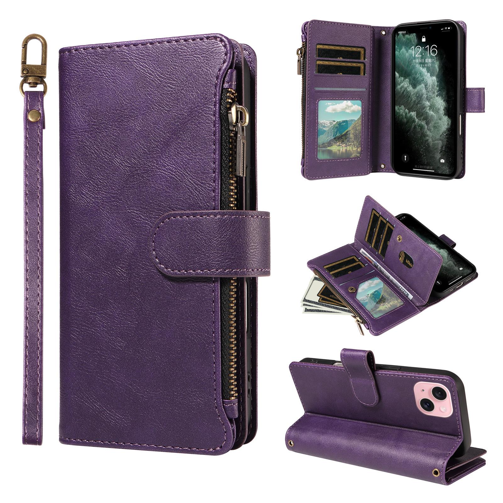 For iPhone 15 P03 Imitation Calf Leather 9 Card Slots Zipper Phone Case with Wrist Strap(Purple) - Shopkiz.com