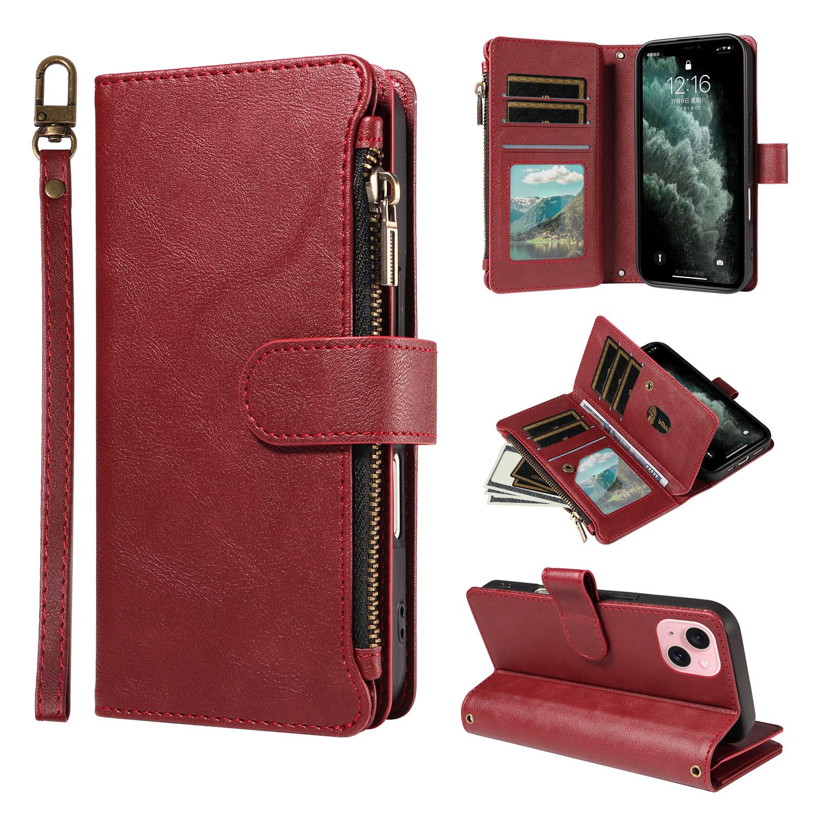 For iPhone 15 P03 Imitation Calf Leather 9 Card Slots Zipper Phone Case with Wrist Strap(Red) - Shopkiz.com