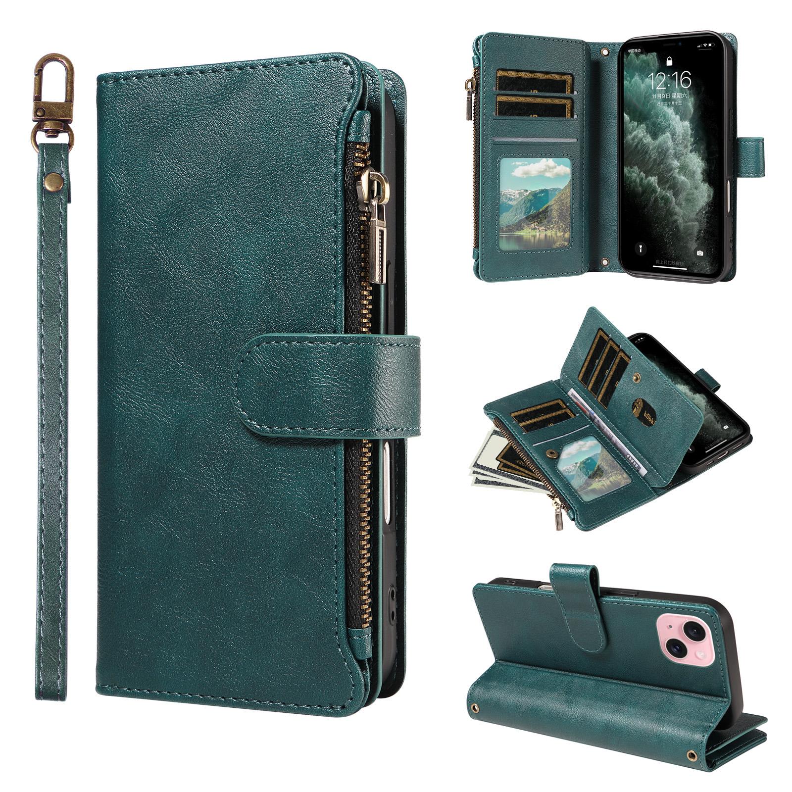 For iPhone 15 P03 Imitation Calf Leather 9 Card Slots Zipper Phone Case with Wrist Strap(Green) - Shopkiz.com