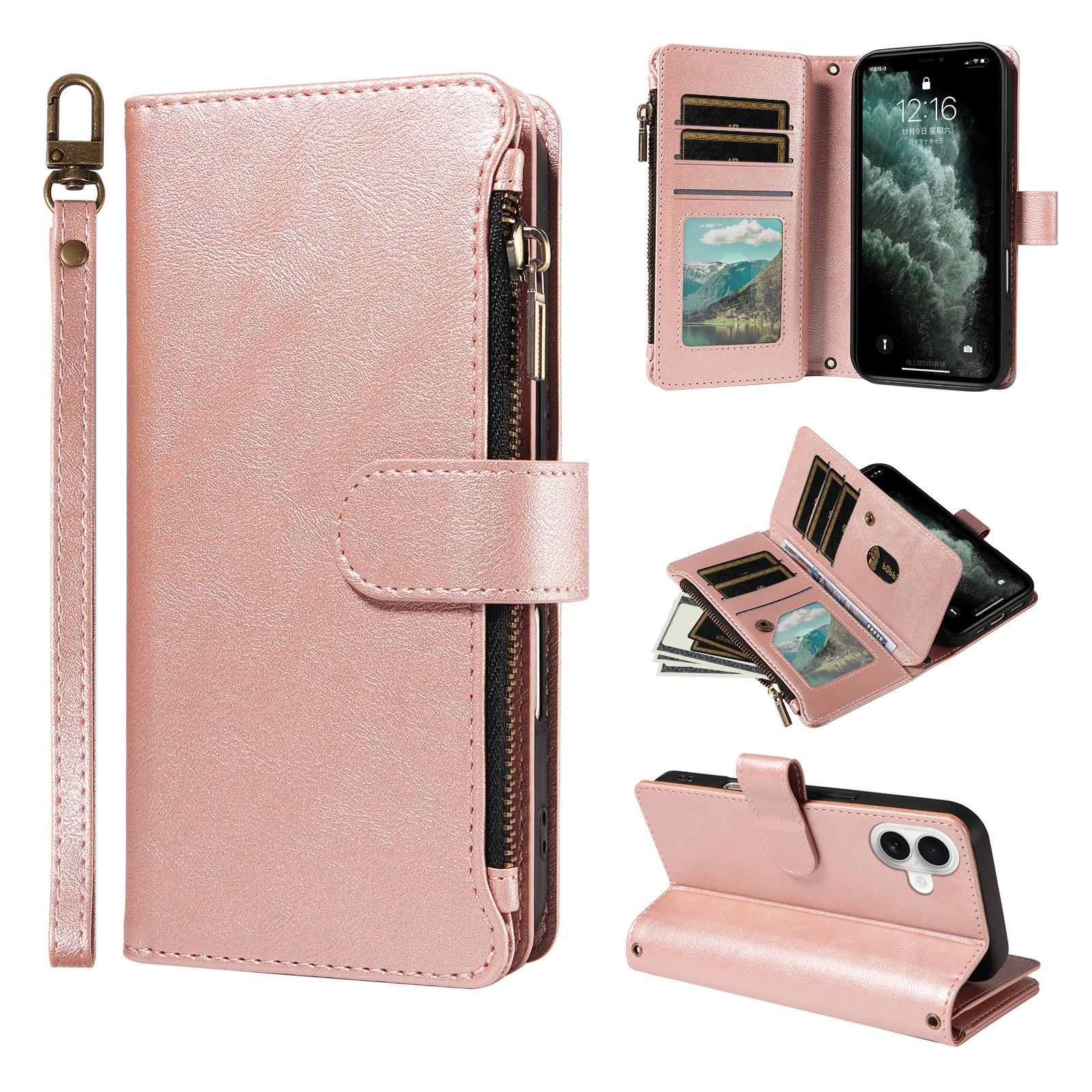 For iPhone 17 P03 Imitation Calf Leather 9 Card Slots Zipper Phone Case with Wrist Strap(Rose Gold) - Shopkiz.com