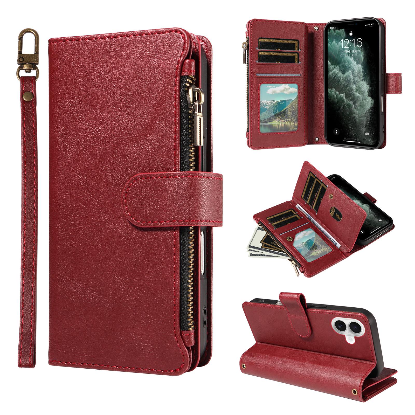For iPhone 17 P03 Imitation Calf Leather 9 Card Slots Zipper Phone Case with Wrist Strap(Red) - Shopkiz.com