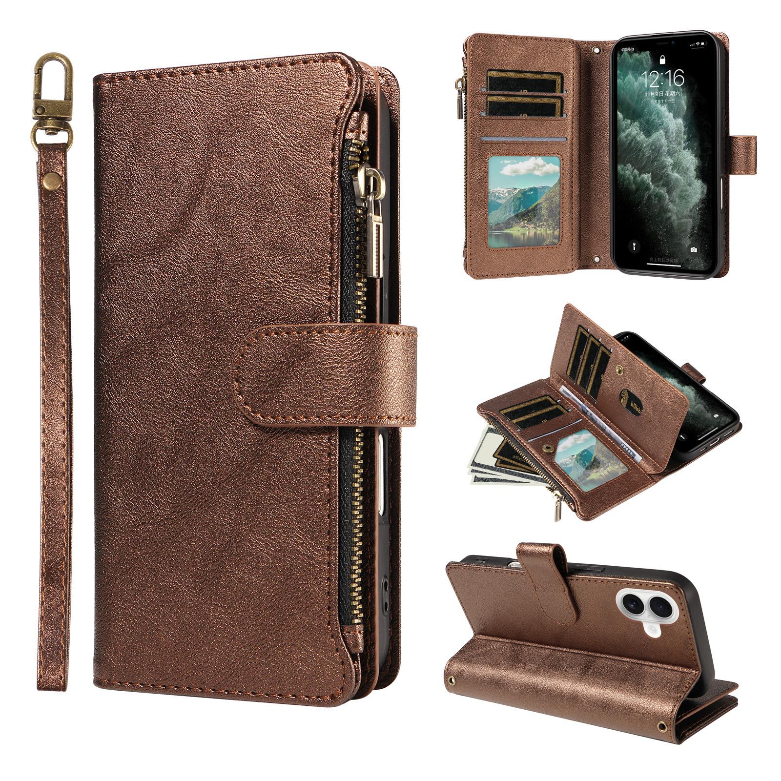 For iPhone 17 P03 Imitation Calf Leather 9 Card Slots Zipper Phone Case with Wrist Strap(Bronze) - Shopkiz.com