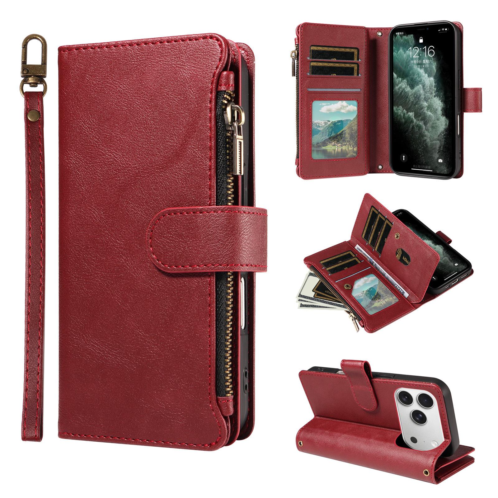 For iPhone 18 Pro / 17 Pro P03 Imitation Calf Leather 9 Card Slots Zipper Phone Case with Wrist Strap(Red) - Shopkiz.com