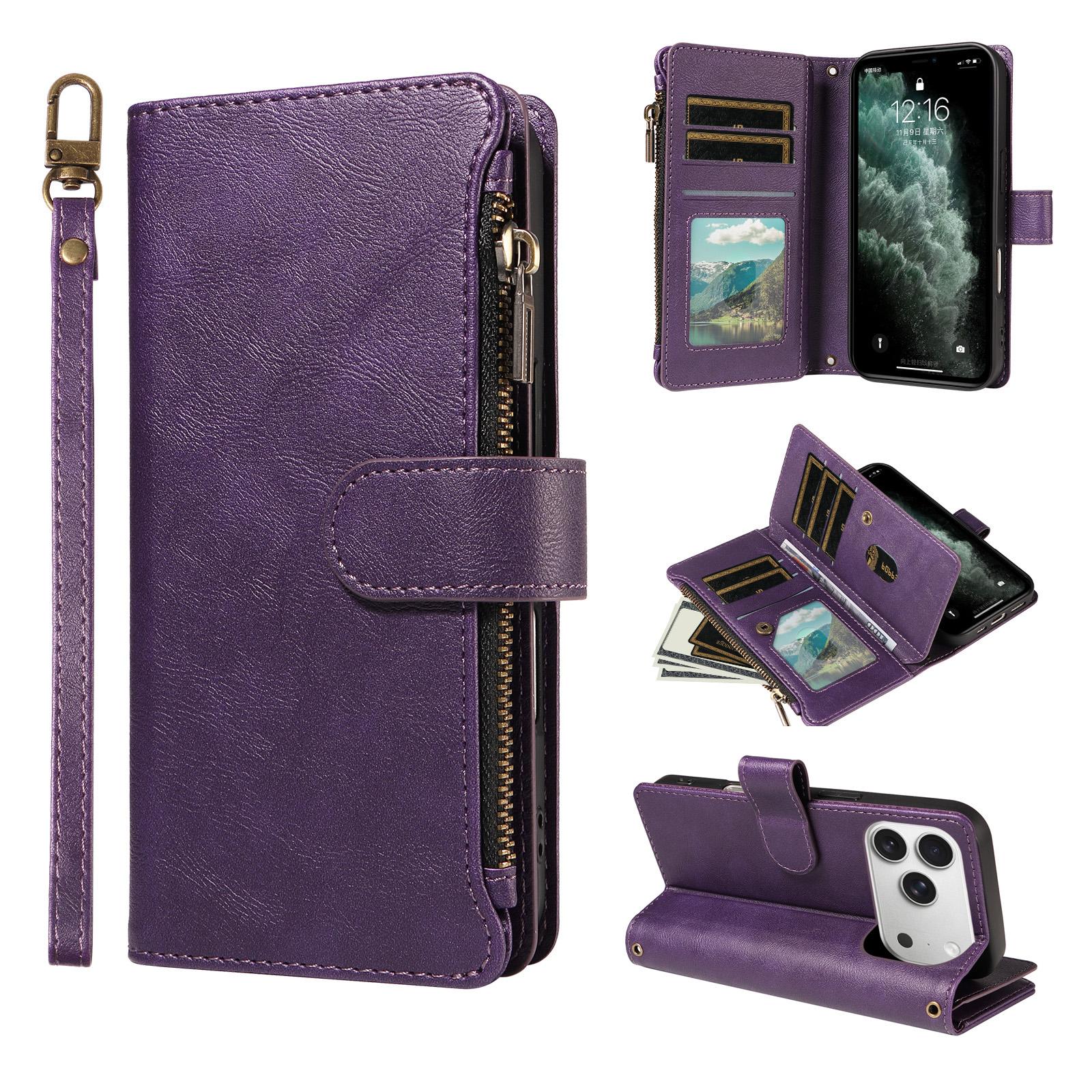 For iPhone 18 Pro Max / 17 Pro Max P03 Imitation Calf Leather 9 Card Slots Zipper Phone Case with Wrist Strap(Purple) - Shopkiz.com