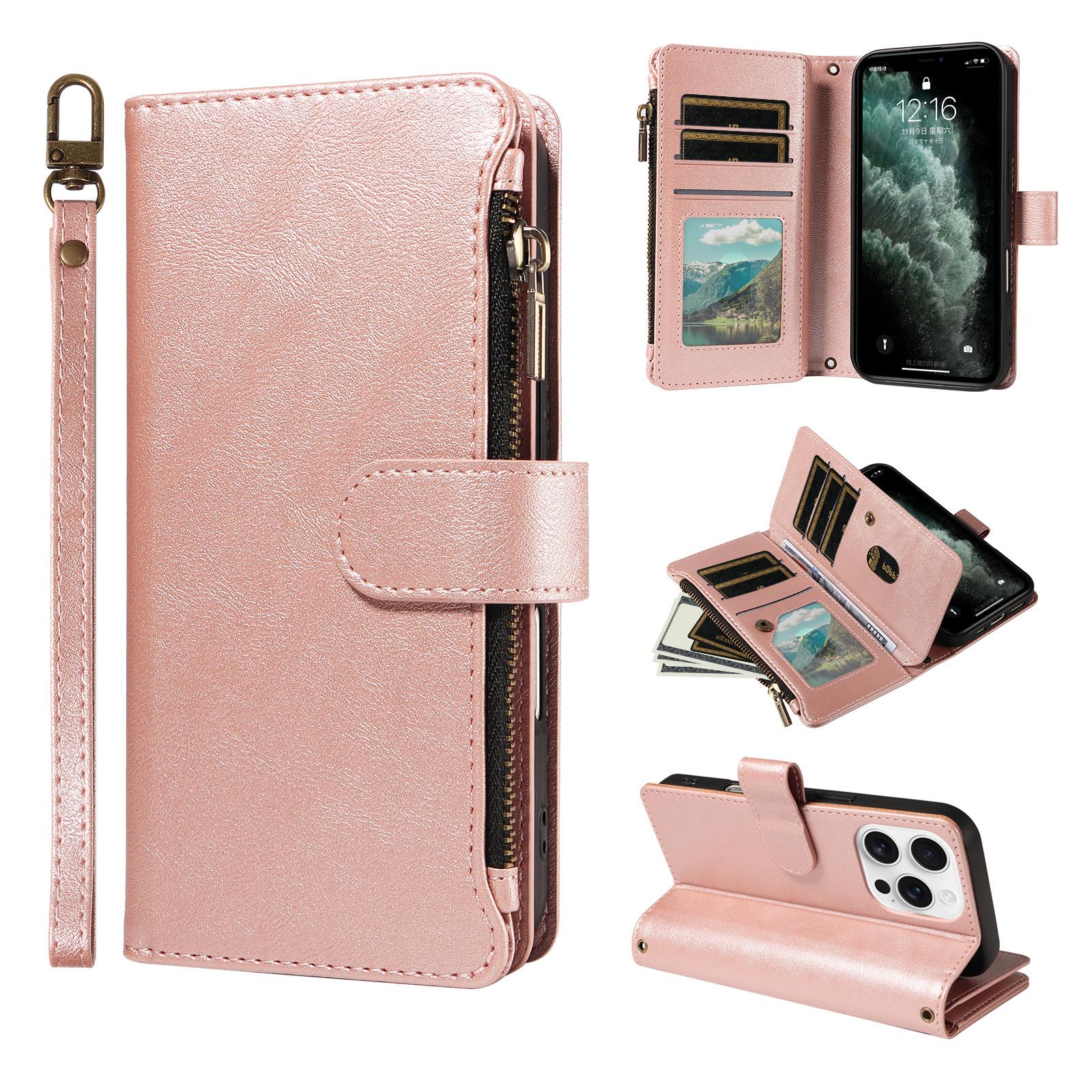 For iPhone 16 Pro P03 Imitation Calf Leather 9 Card Slots Zipper Phone Case with Wrist Strap(Rose Gold) - Shopkiz.com