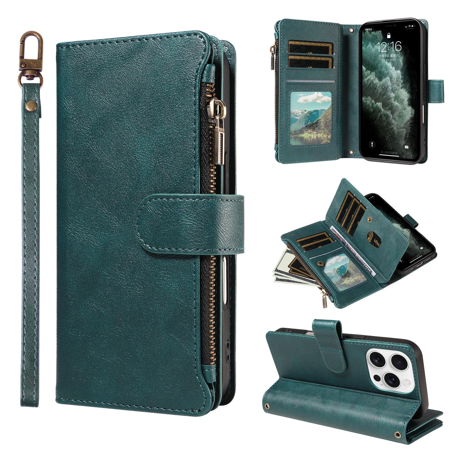For iPhone 16 Pro Max P03 Imitation Calf Leather 9 Card Slots Zipper Phone Case with Wrist Strap(Green) - Shopkiz.com