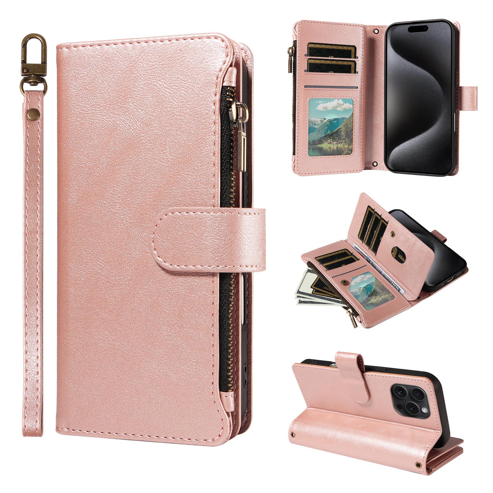 For iPhone 15 Pro P03 Imitation Calf Leather 9 Card Slots Zipper Phone Case with Wrist Strap(Rose Gold) - Shopkiz.com