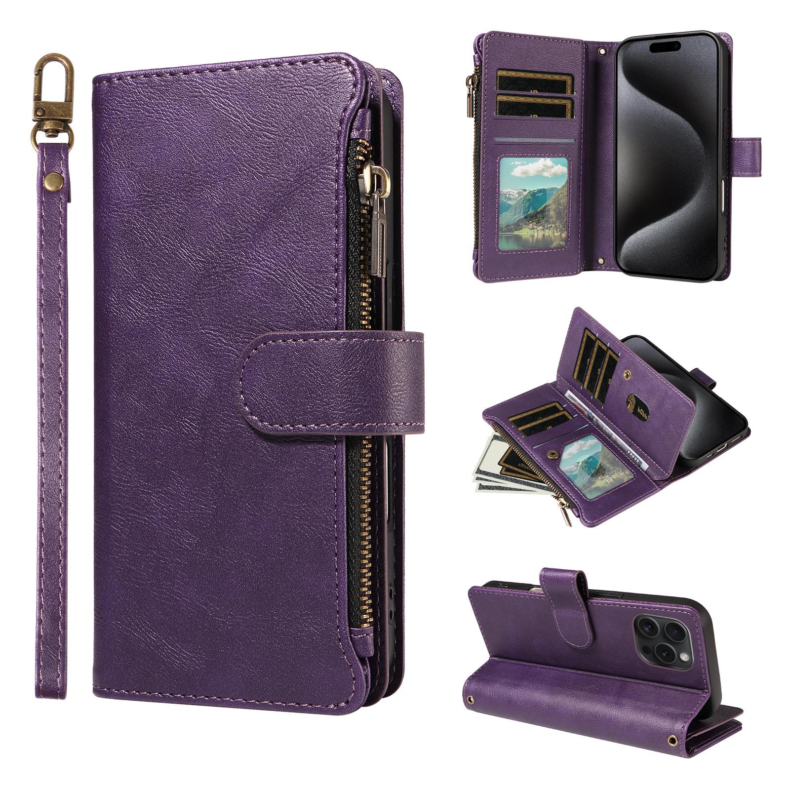 For iPhone 15 Pro P03 Imitation Calf Leather 9 Card Slots Zipper Phone Case with Wrist Strap(Purple) - Shopkiz.com