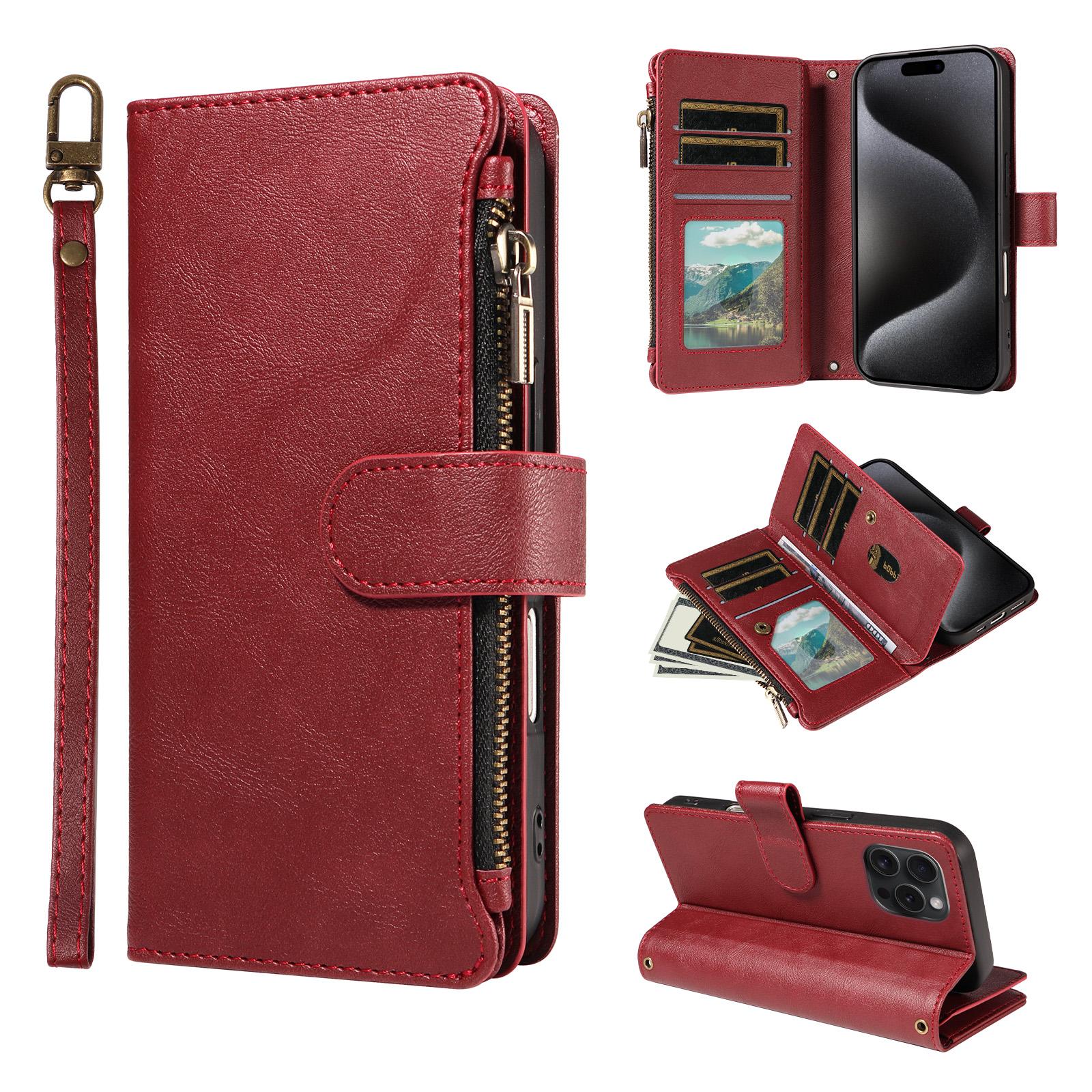 For iPhone 15 Pro P03 Imitation Calf Leather 9 Card Slots Zipper Phone Case with Wrist Strap(Red) - Shopkiz.com