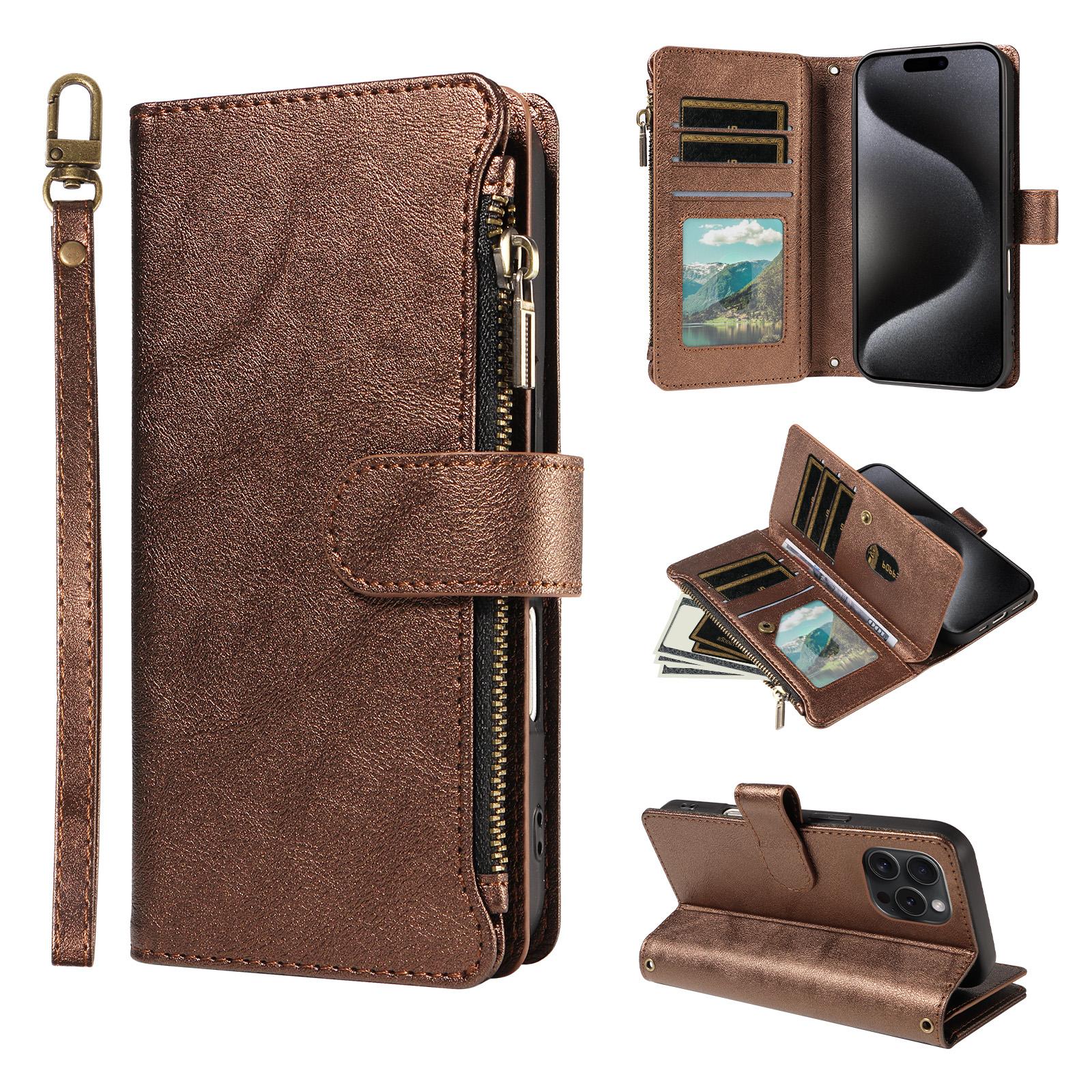 For iPhone 15 Pro P03 Imitation Calf Leather 9 Card Slots Zipper Phone Case with Wrist Strap(Bronze) - Shopkiz.com