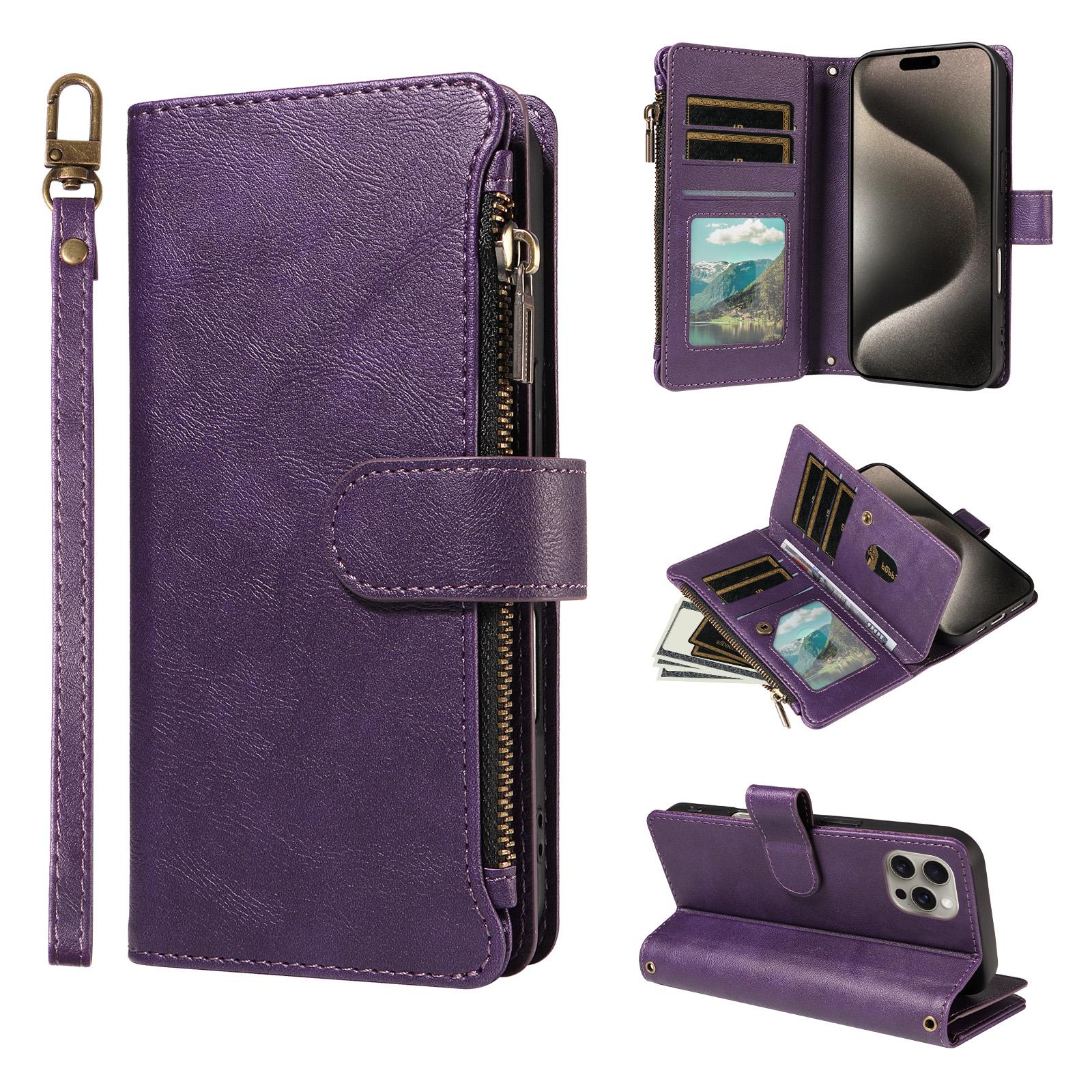For iPhone 15 Pro Max P03 Imitation Calf Leather 9 Card Slots Zipper Phone Case with Wrist Strap(Purple) - Shopkiz.com