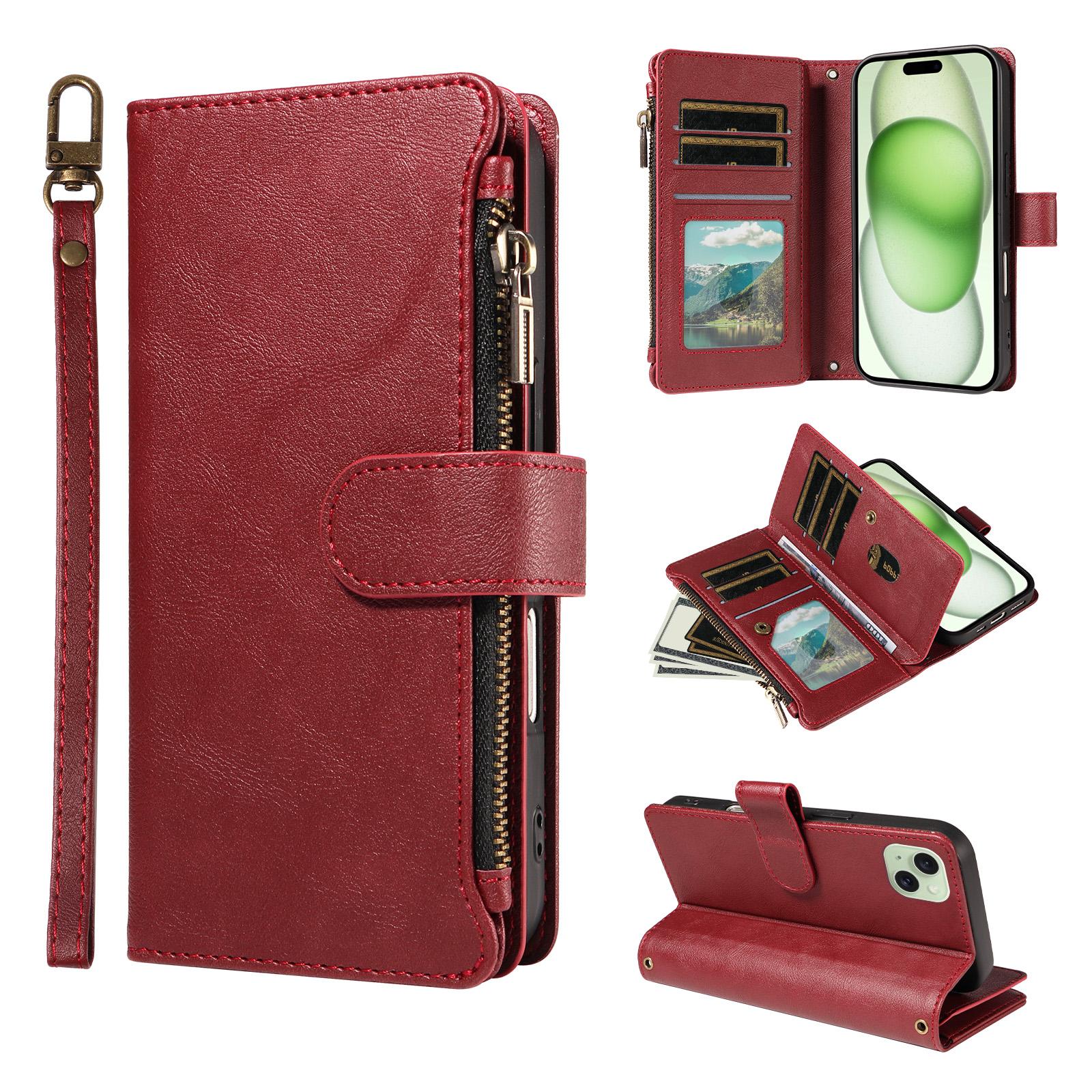 For iPhone 15 Plus P03 Imitation Calf Leather 9 Card Slots Zipper Phone Case with Wrist Strap(Red) - Shopkiz.com