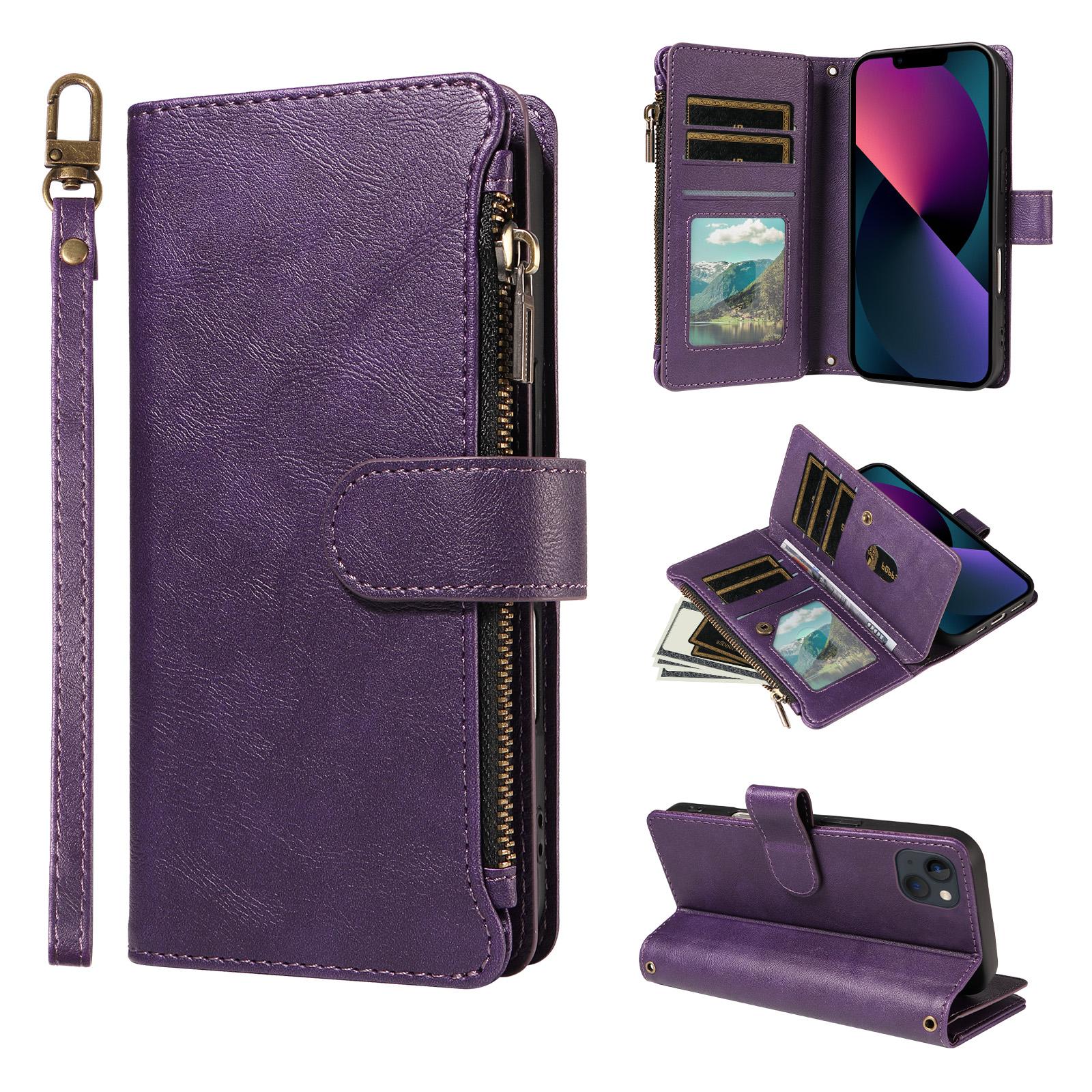 For iPhone 16e / 17e P03 Imitation Calf Leather 9 Card Slots Zipper Phone Case with Wrist Strap(Purple) - Shopkiz.com