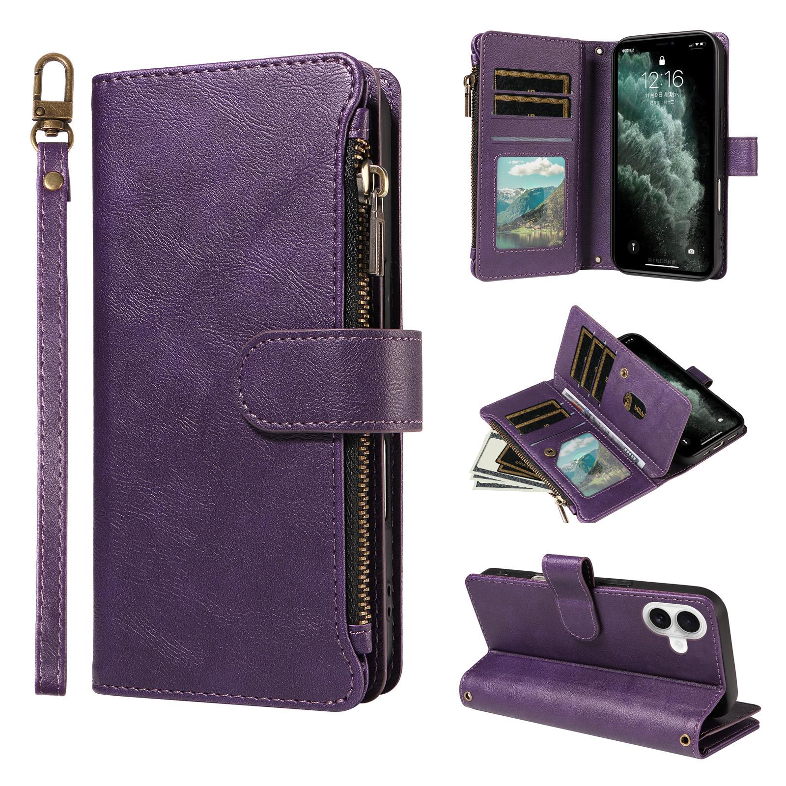 For iPhone 16 Plus P03 Imitation Calf Leather 9 Card Slots Zipper Phone Case with Wrist Strap(Purple) - Shopkiz.com