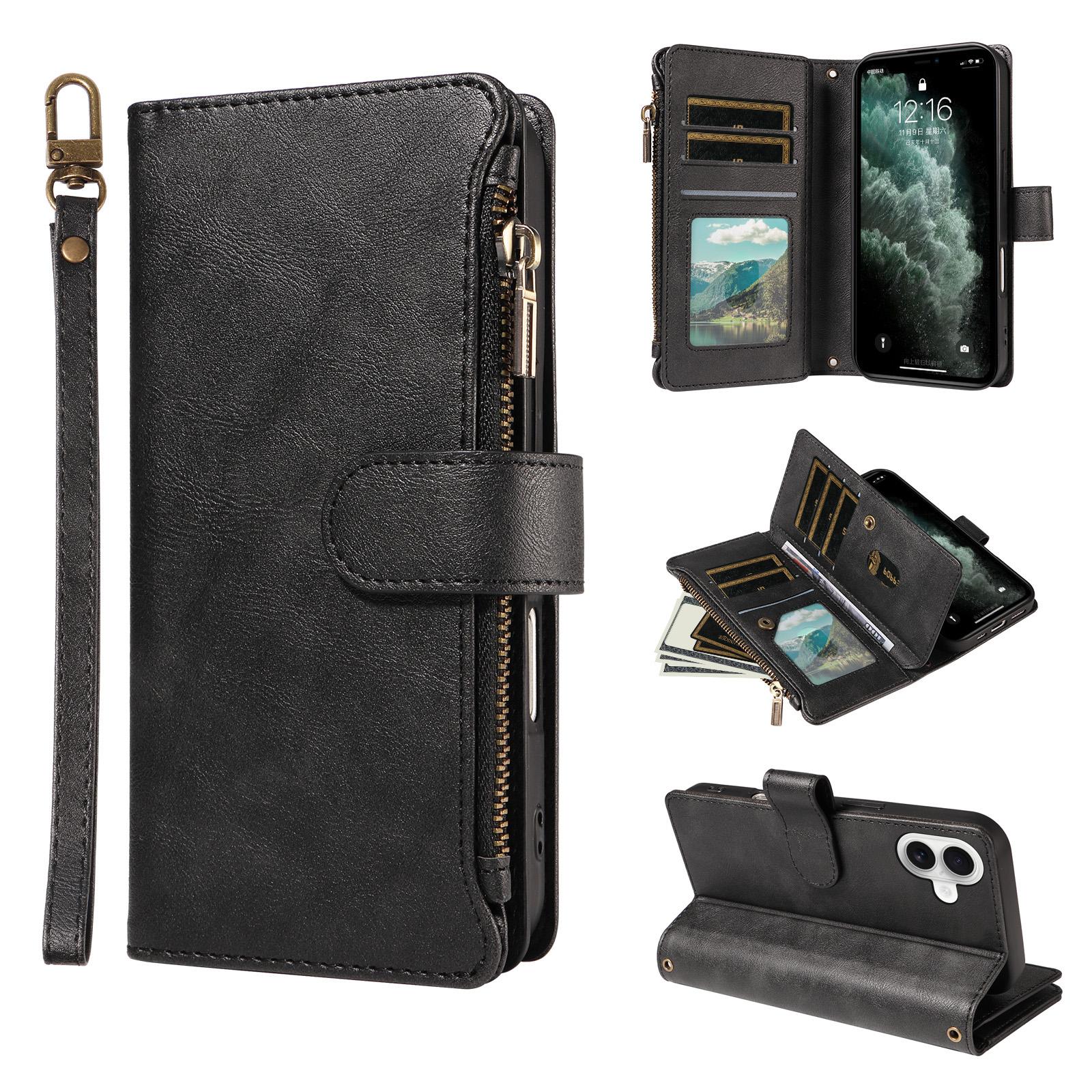 For iPhone 16 Plus P03 Imitation Calf Leather 9 Card Slots Zipper Phone Case with Wrist Strap(Black) - Shopkiz.com