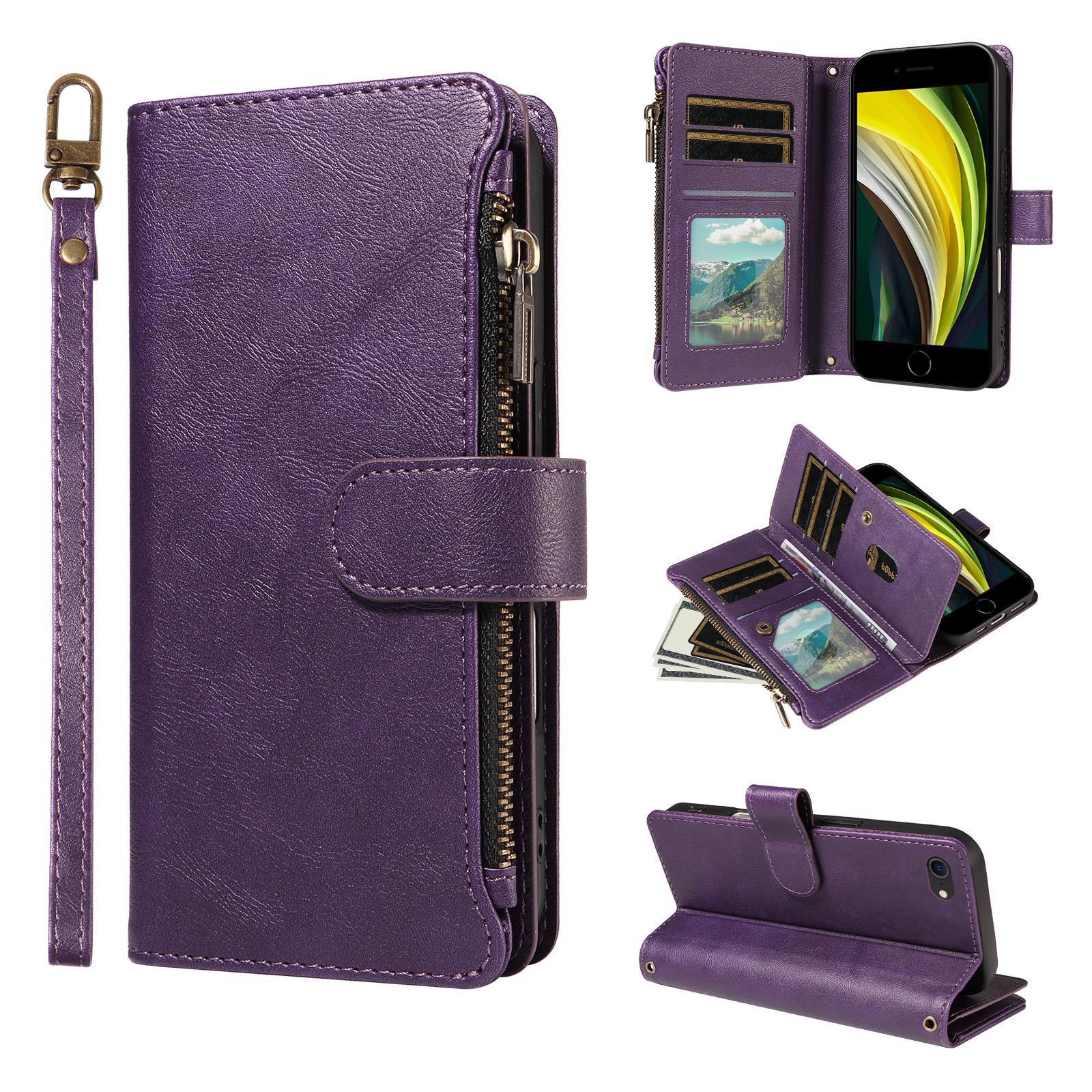 For iphone 6 / 7 / 8 / SE2 2020 / SE3 2022 P03 Imitation Calf Leather 9 Card Slots Zipper Phone Case with Wrist Strap(Purple) - Shopkiz.com