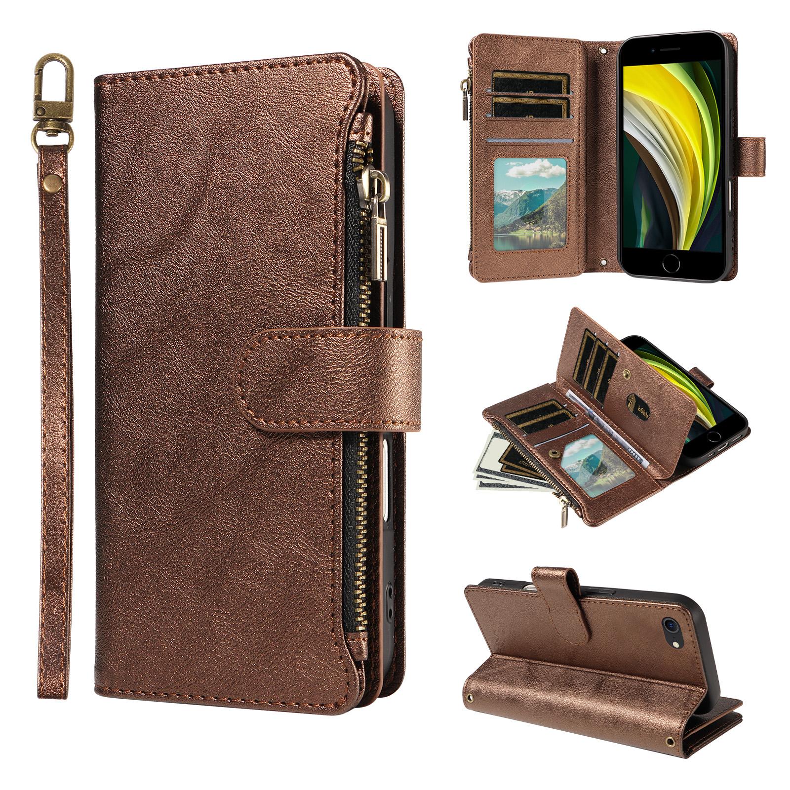 For iphone 6 / 7 / 8 / SE2 2020 / SE3 2022 P03 Imitation Calf Leather 9 Card Slots Zipper Phone Case with Wrist Strap(Bronze) - Shopkiz.com
