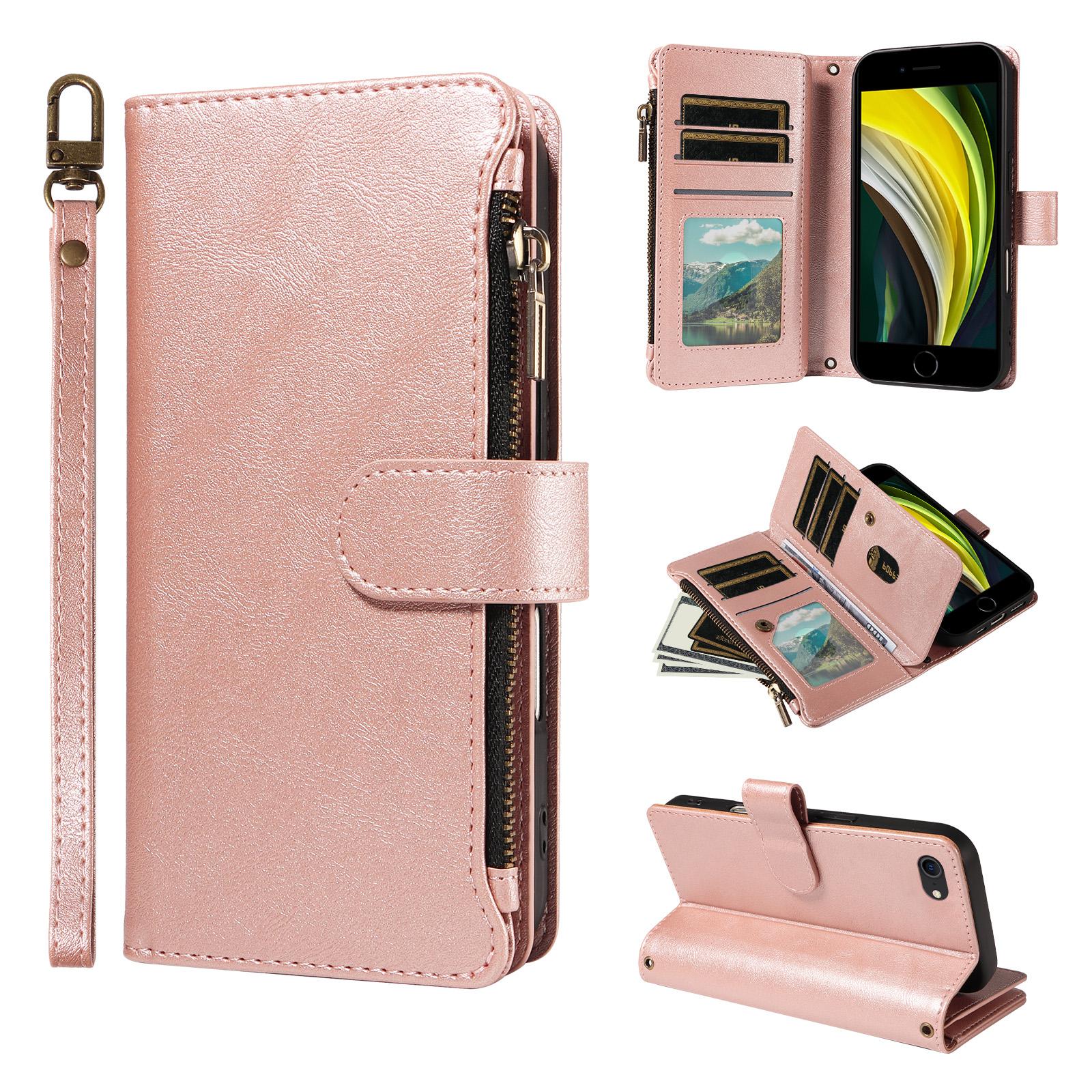 For iPhone 6 Plus / 7 Plus / 8 Plus P03 Imitation Calf Leather 9 Card Slots Zipper Phone Case with Wrist Strap(Rose Gold) - Shopkiz.com