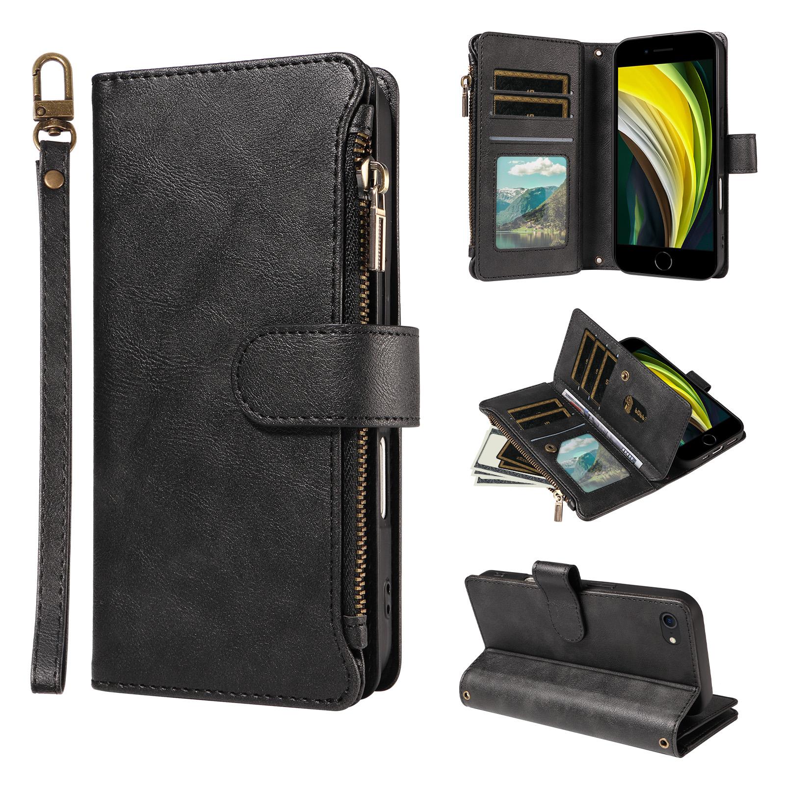For iPhone 6 Plus / 7 Plus / 8 Plus P03 Imitation Calf Leather 9 Card Slots Zipper Phone Case with Wrist Strap(Black) - Shopkiz.com