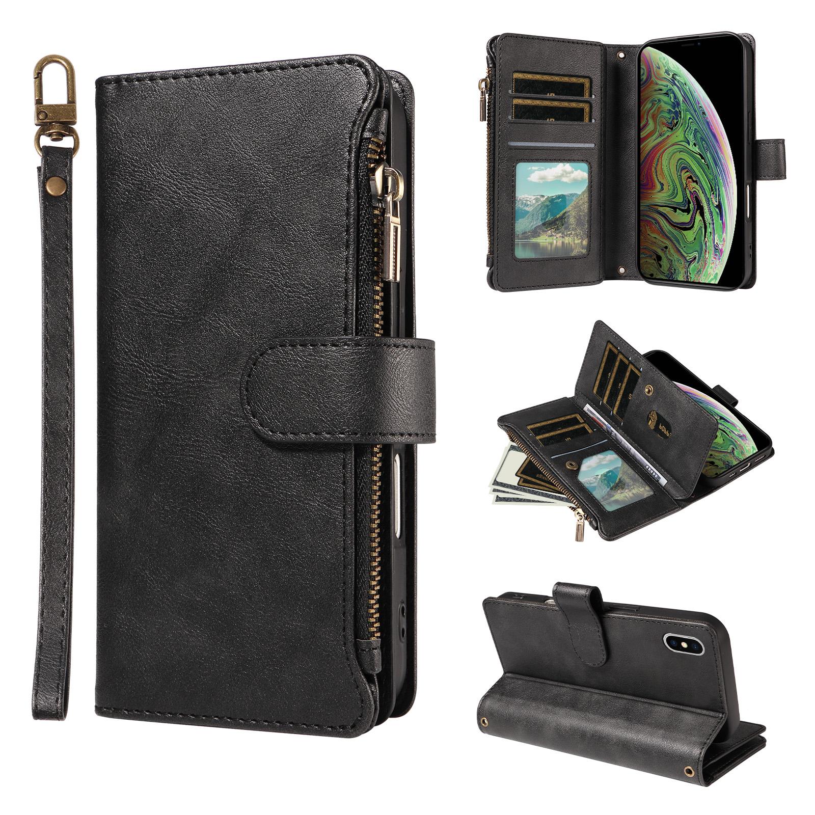 For iPhone X / XS P03 Imitation Calf Leather 9 Card Slots Zipper Phone Case with Wrist Strap(Black) - Shopkiz.com