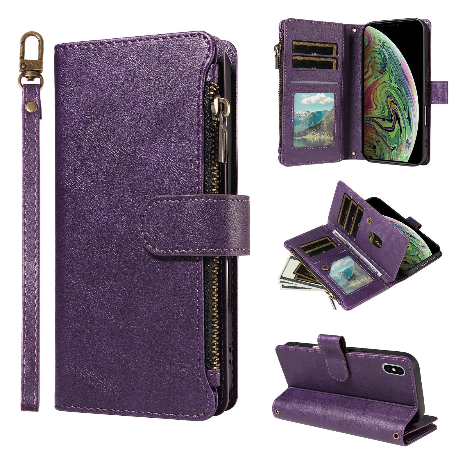 For iPhone XS Max P03 Imitation Calf Leather 9 Card Slots Zipper Phone Case with Wrist Strap(Purple) - Shopkiz.com