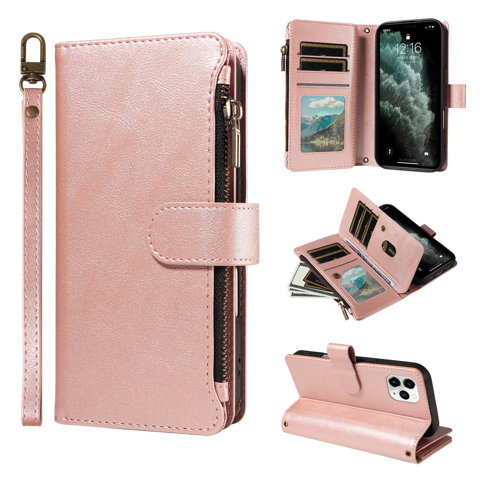 For iPhone 11 Pro P03 Imitation Calf Leather 9 Card Slots Zipper Phone Case with Wrist Strap(Rose Gold) - Shopkiz.com
