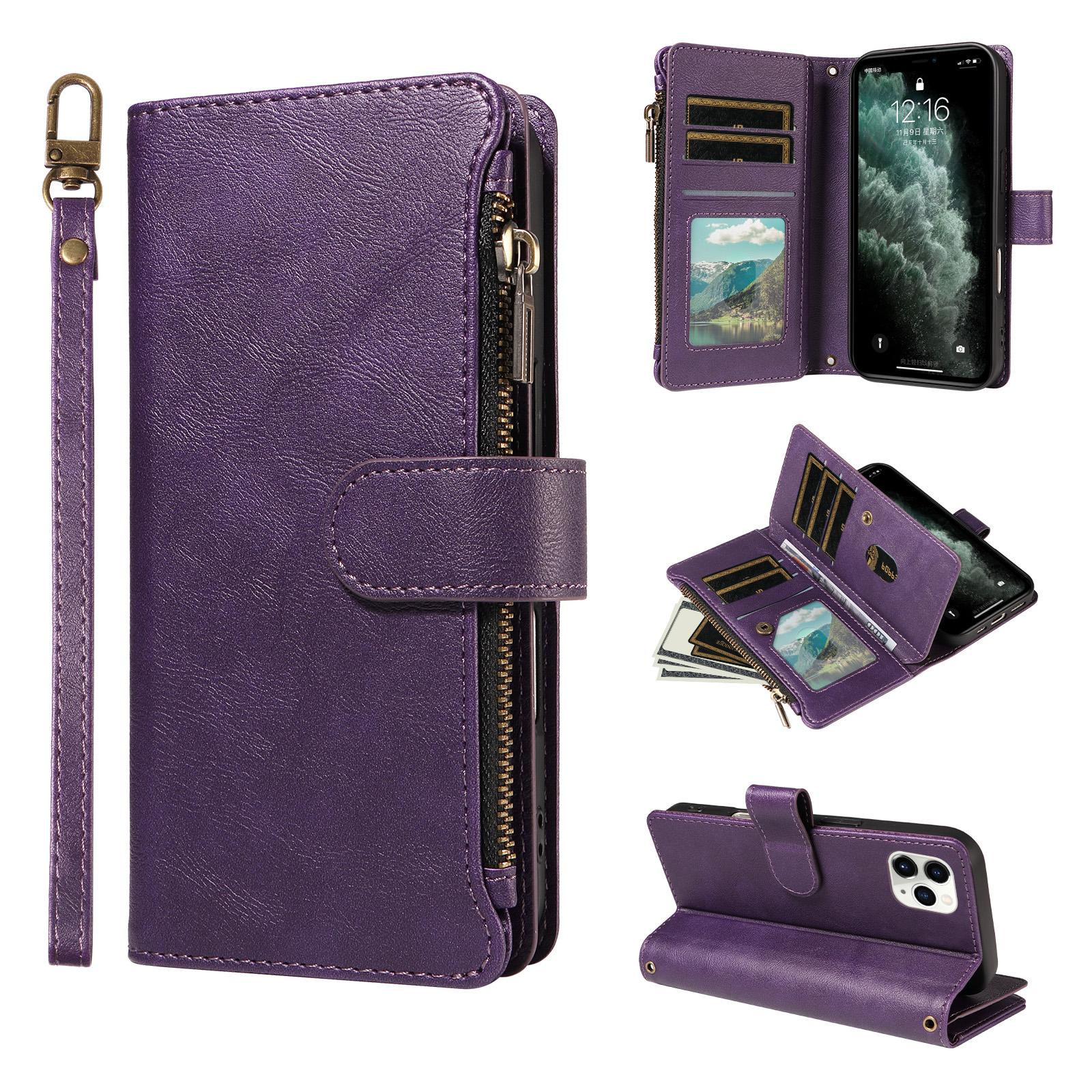 For iPhone 11 Pro P03 Imitation Calf Leather 9 Card Slots Zipper Phone Case with Wrist Strap(Purple) - Shopkiz.com