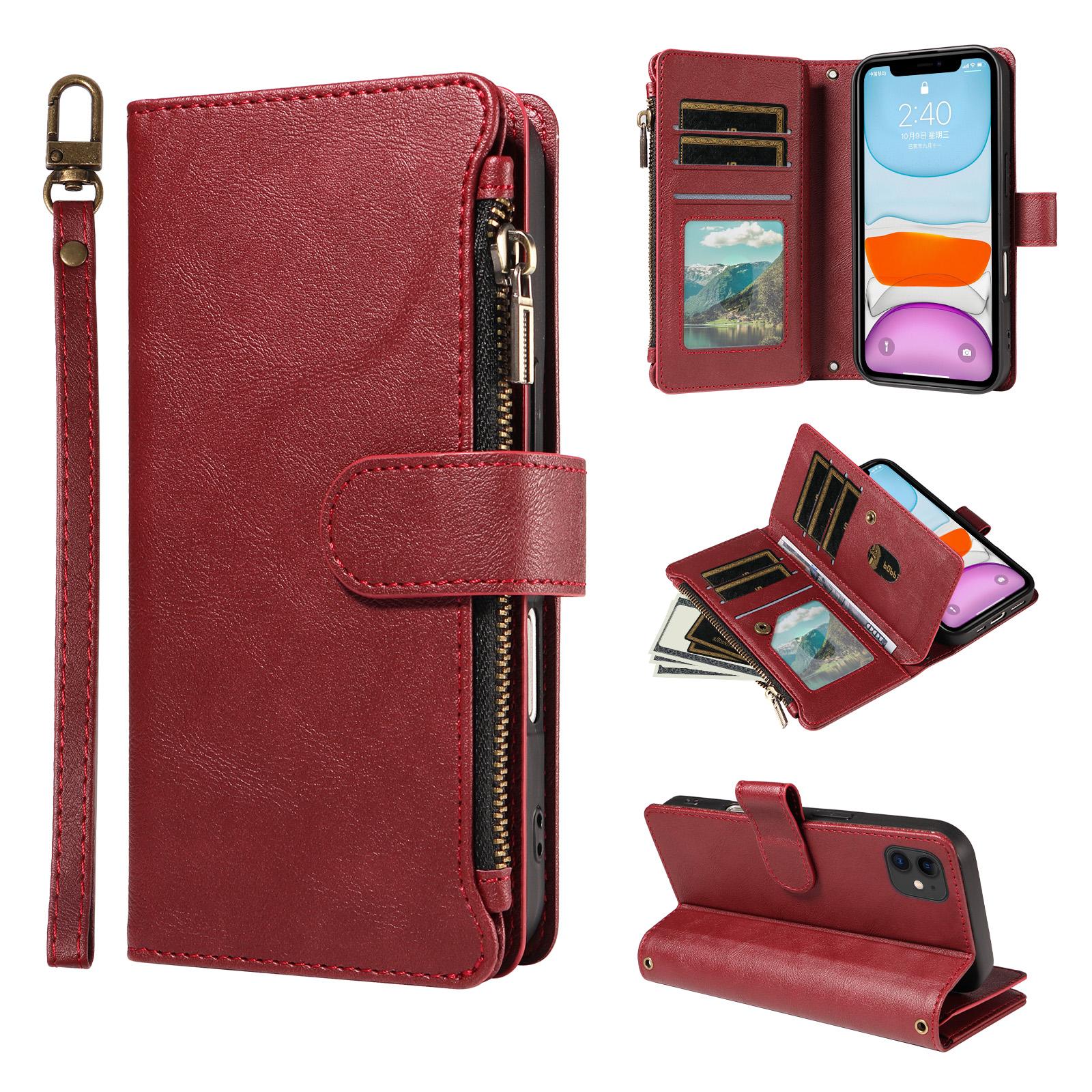 For iPhone11 P03 Imitation Calf Leather 9 Card Slots Zipper Phone Case with Wrist Strap(Red) - Shopkiz.com