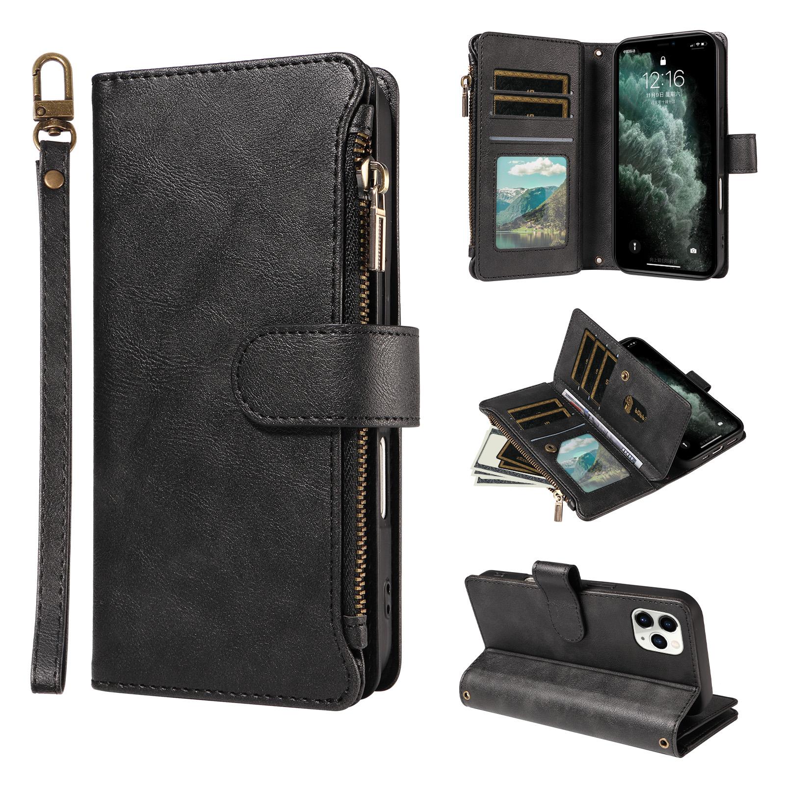 For iPhone 11 Pro Max P03 Imitation Calf Leather 9 Card Slots Zipper Phone Case with Wrist Strap(Black) - Shopkiz.com