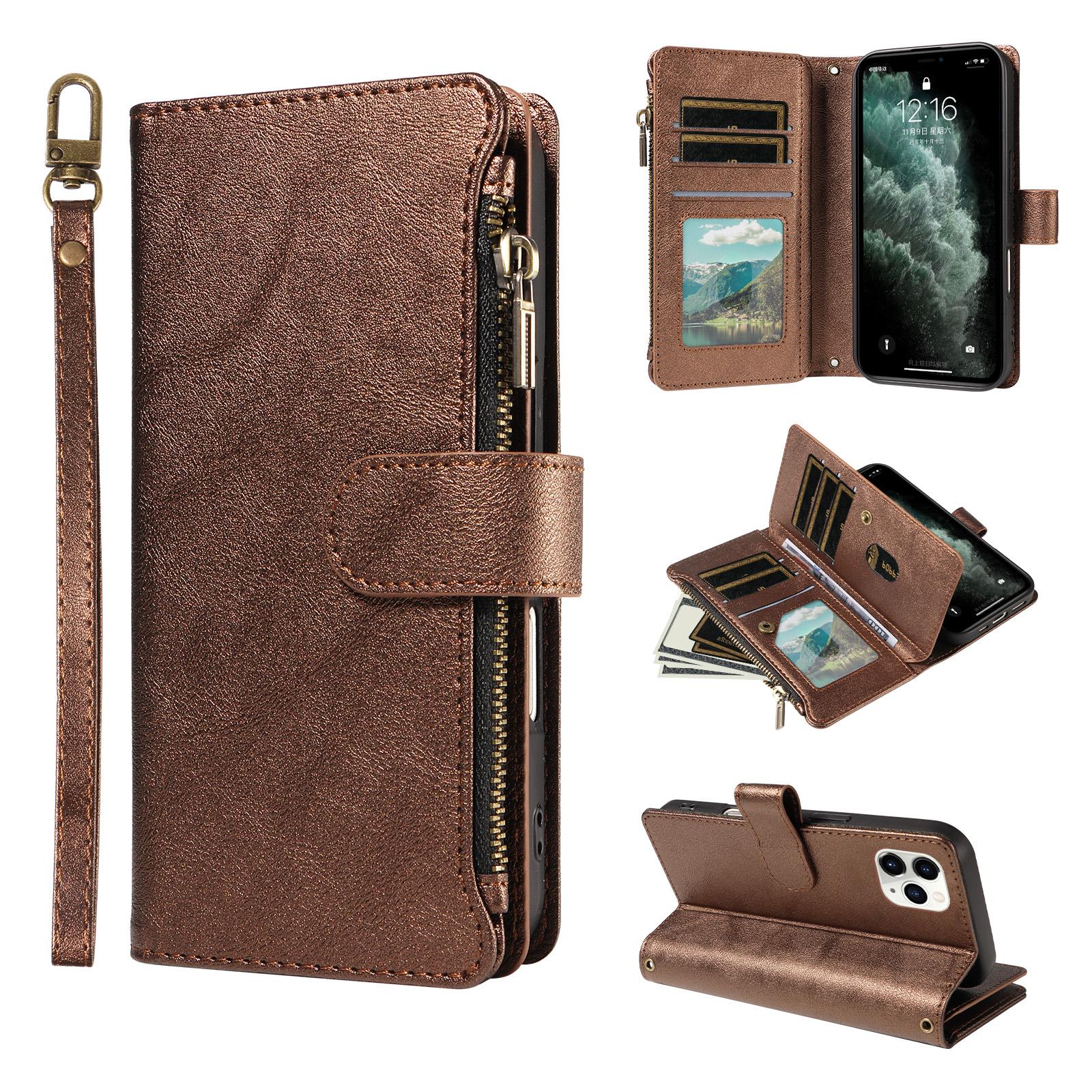 For iPhone 11 Pro Max P03 Imitation Calf Leather 9 Card Slots Zipper Phone Case with Wrist Strap(Bronze) - Shopkiz.com