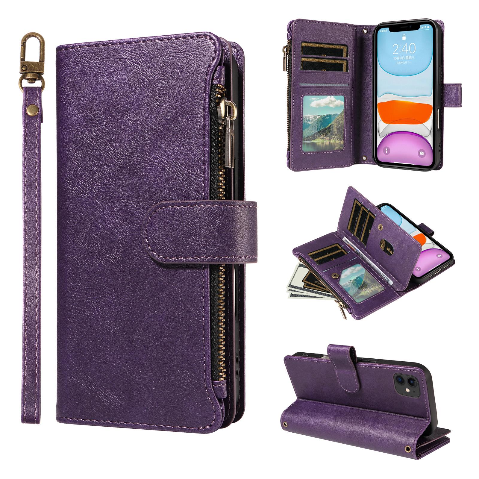For iPhone 12 mini P03 Imitation Calf Leather 9 Card Slots Zipper Phone Case with Wrist Strap(Purple) - Shopkiz.com