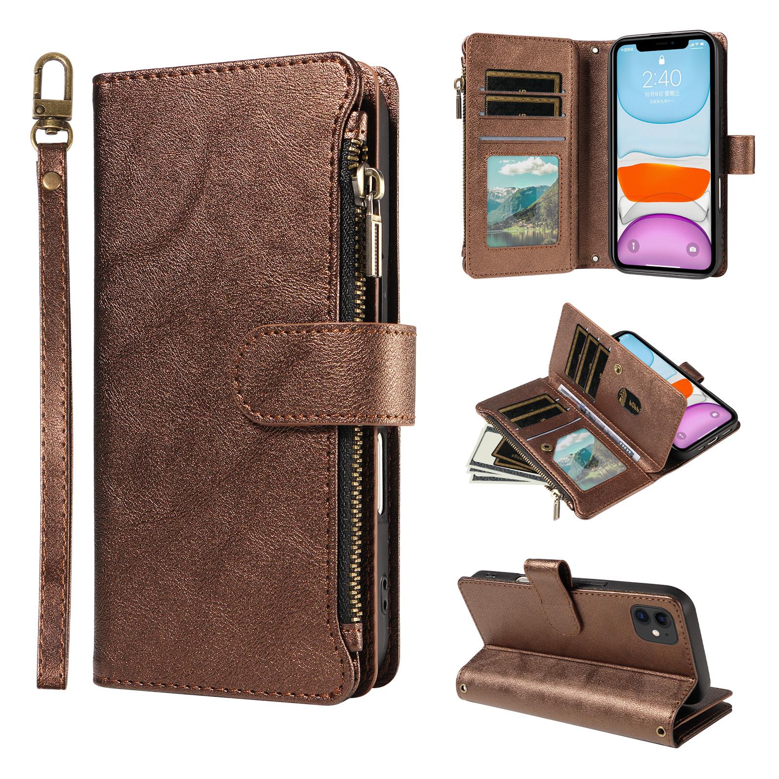 For iPhone 12 mini P03 Imitation Calf Leather 9 Card Slots Zipper Phone Case with Wrist Strap(Bronze) - Shopkiz.com