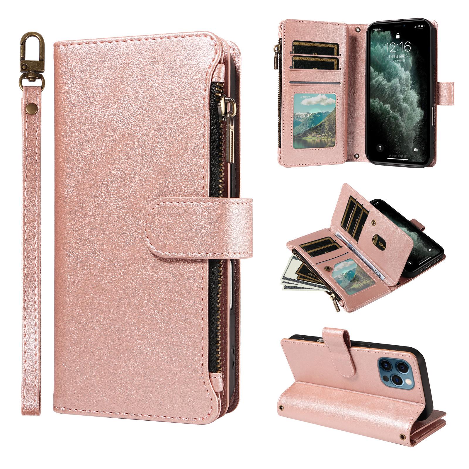 For iPhone 12 / 12 Pro P03 Imitation Calf Leather 9 Card Slots Zipper Phone Case with Wrist Strap(Rose Gold) - Shopkiz.com