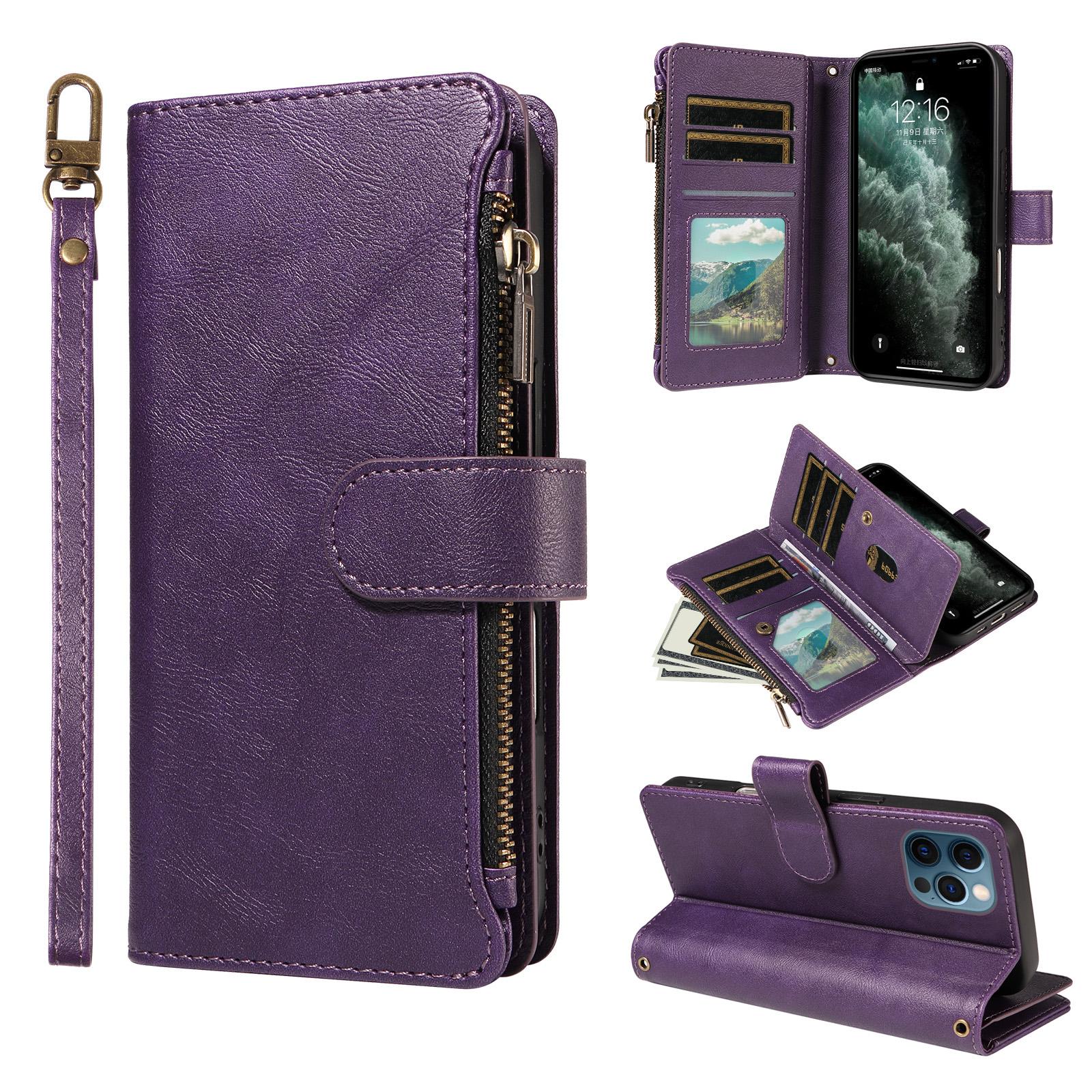 For iPhone 12 / 12 Pro P03 Imitation Calf Leather 9 Card Slots Zipper Phone Case with Wrist Strap(Purple) - Shopkiz.com