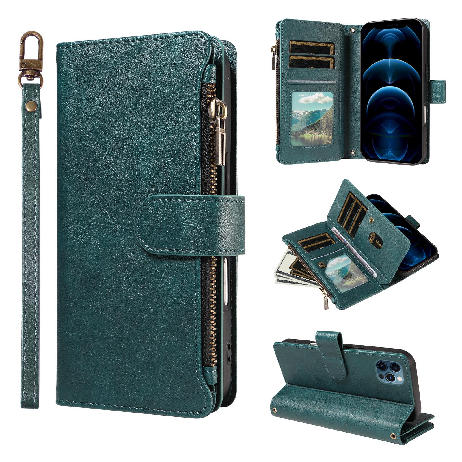 For iPhone 12 Pro Max P03 Imitation Calf Leather 9 Card Slots Zipper Phone Case with Wrist Strap(Green) - Shopkiz.com