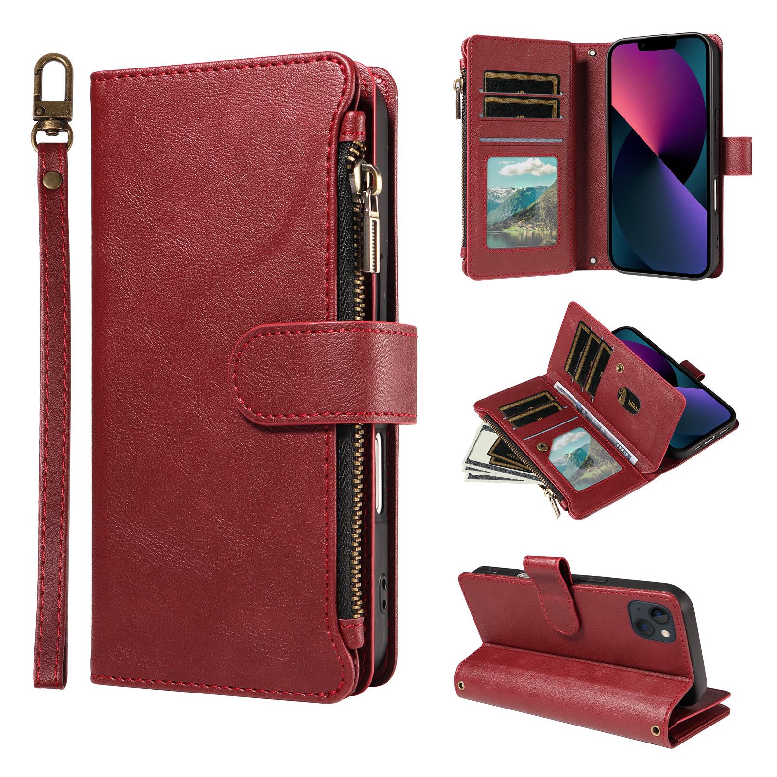 For iPhone 13 mini P03 Imitation Calf Leather 9 Card Slots Zipper Phone Case with Wrist Strap(Red) - Shopkiz.com