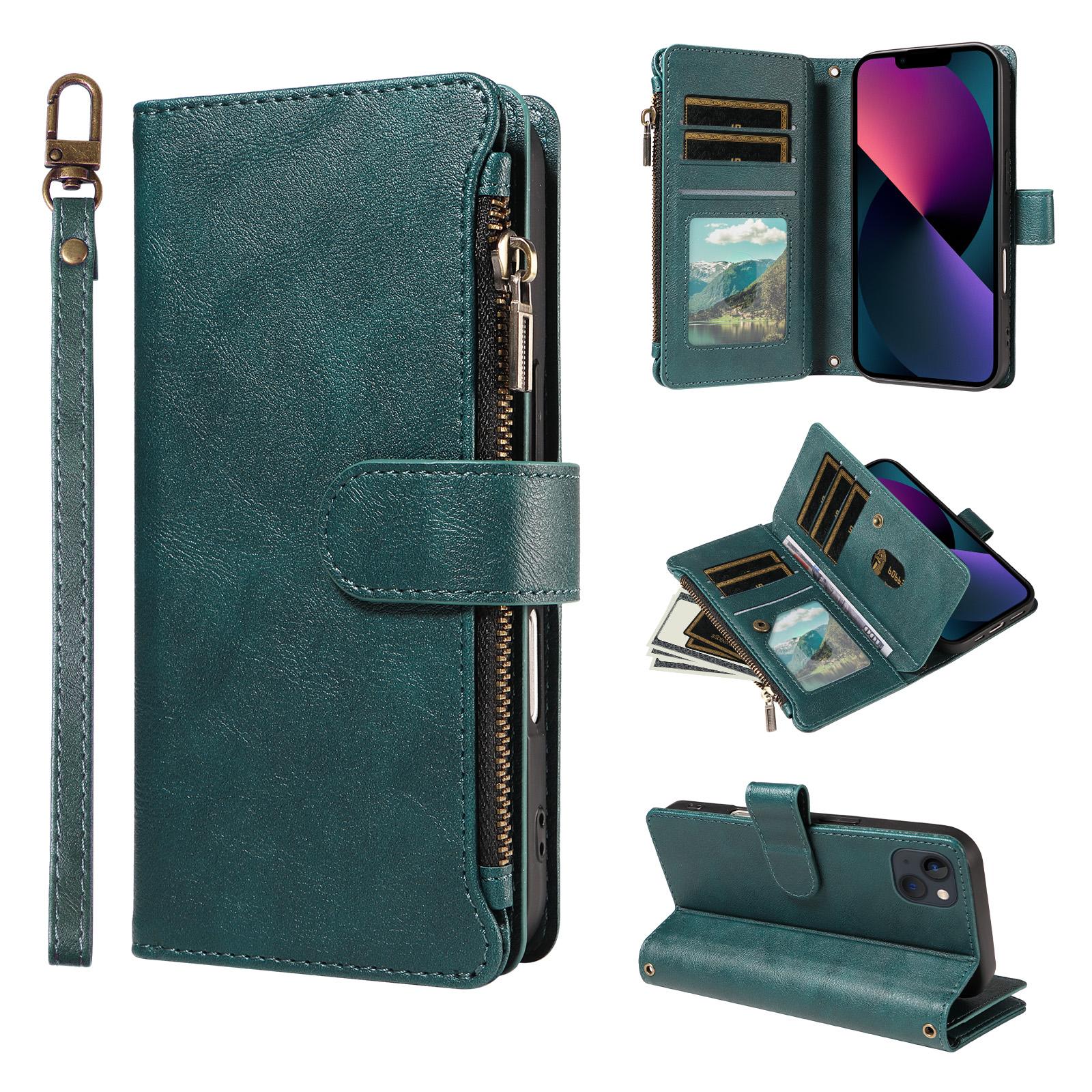 For iPhone 13 mini P03 Imitation Calf Leather 9 Card Slots Zipper Phone Case with Wrist Strap(Green) - Shopkiz.com