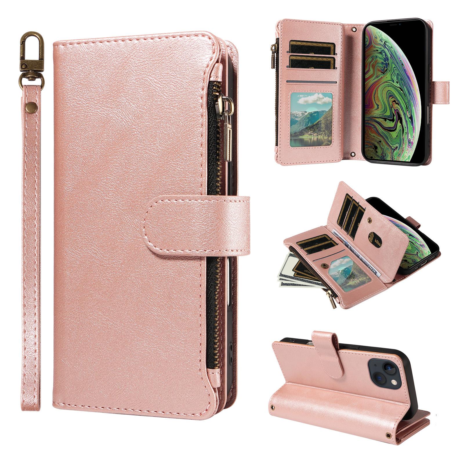 For iPhone 14 / 13 P03 Imitation Calf Leather 9 Card Slots Zipper Phone Case with Wrist Strap(Rose Gold) - Shopkiz.com