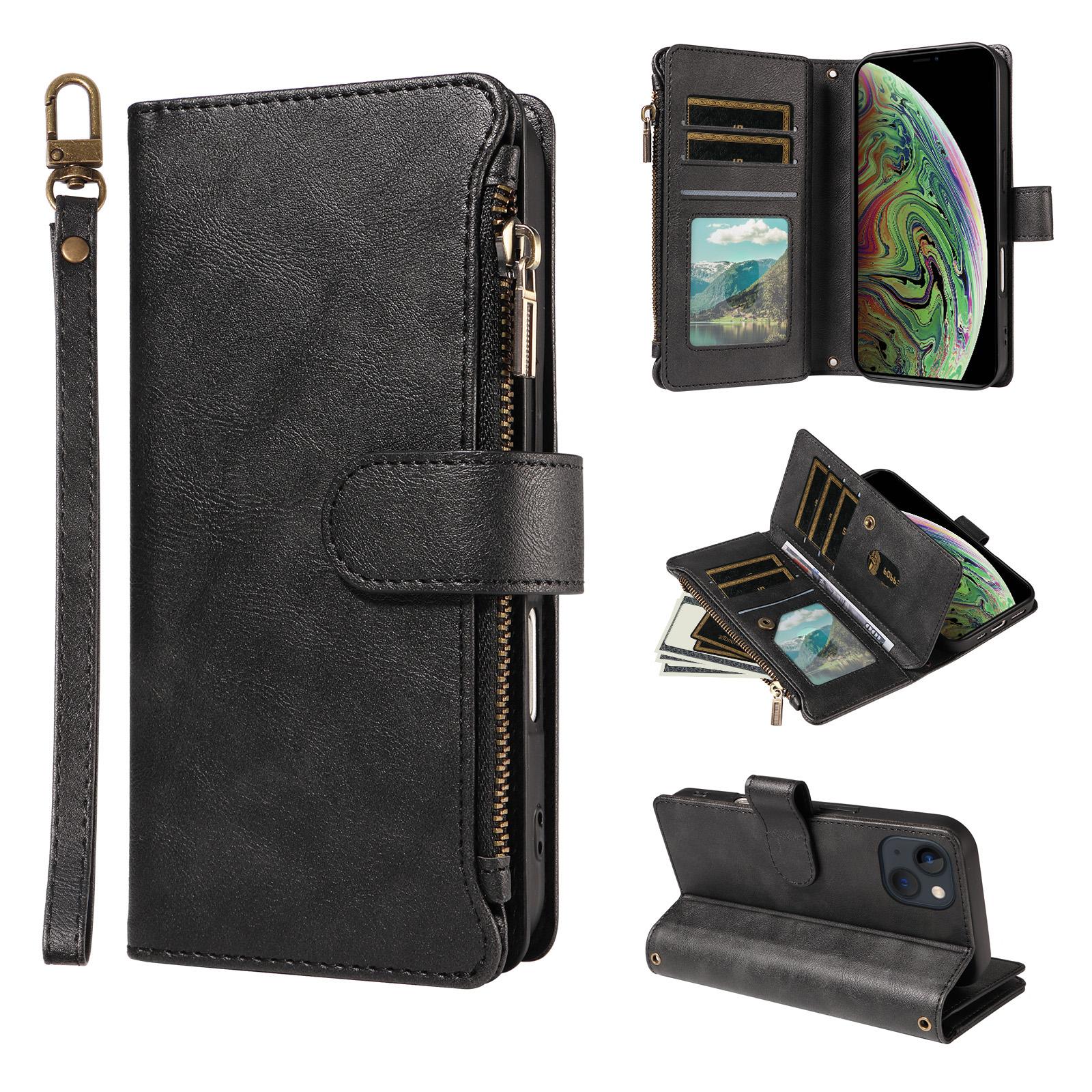 For iPhone 14 / 13 P03 Imitation Calf Leather 9 Card Slots Zipper Phone Case with Wrist Strap(Black) - Shopkiz.com